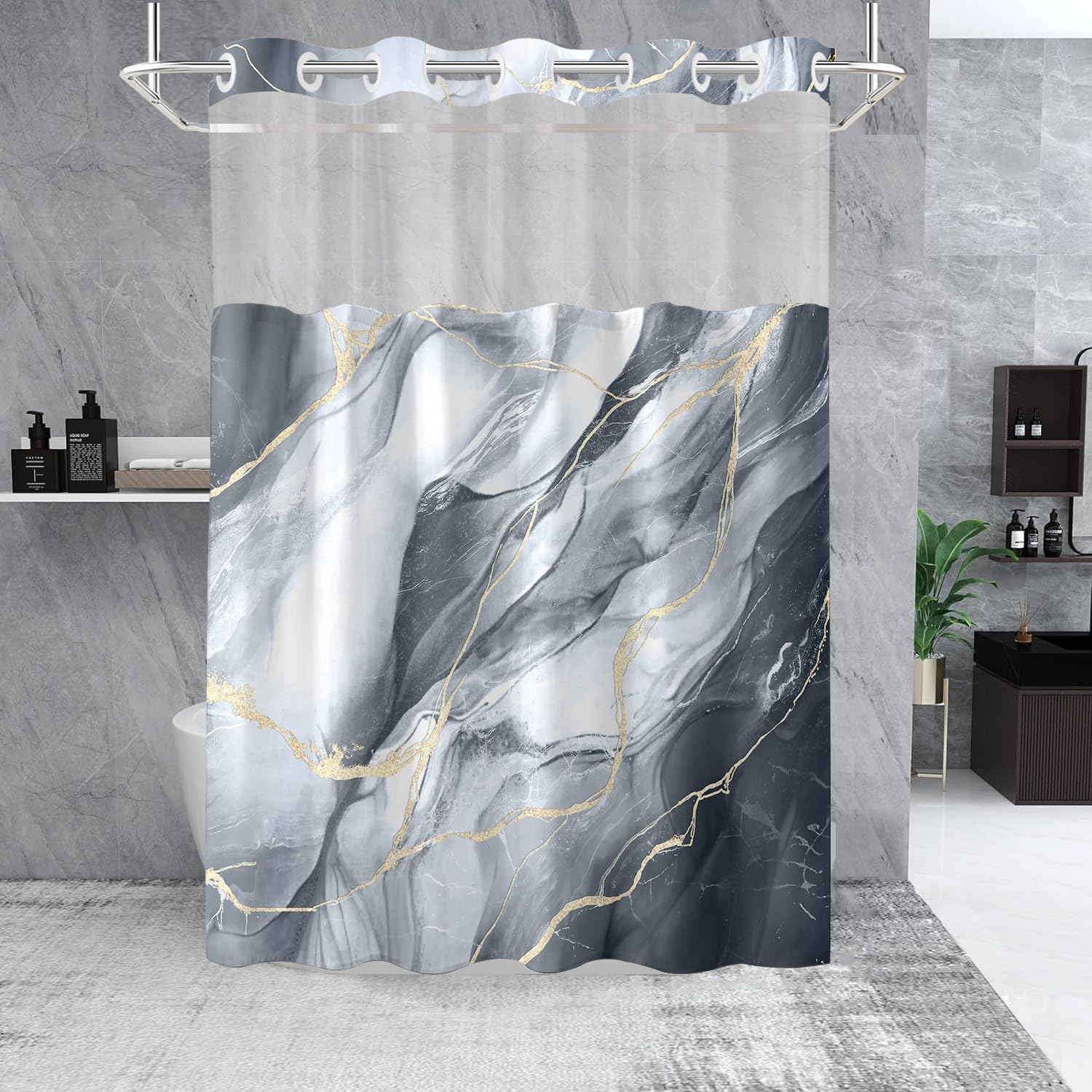 No Hook Shower Curtain with Snap in Liner Set, Black Grey Marble Design, Waterproof Washable Fabric Hotel Shower Curtains for Bathroom Decor with See Through Mesh Top Window 71x74 Inch