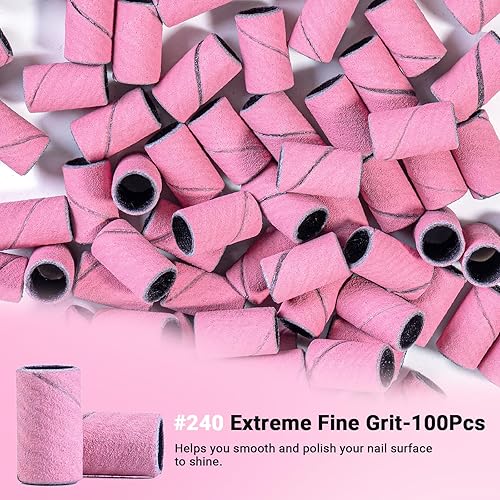 Miniatura 65 de MelodySusie 100 unidades de brocas de uñas, bandas de lijado para taladro de uñas, 120 bandas de lijado de lima de uñas de grano medio para uñas