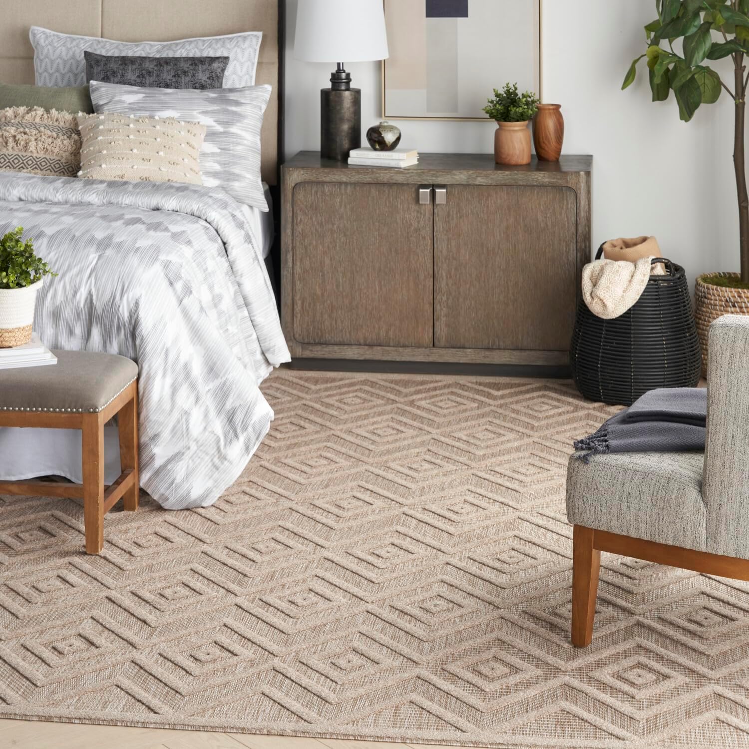 Natural Beige Diamond Flatweave 8' x 10' Indoor Outdoor Rug