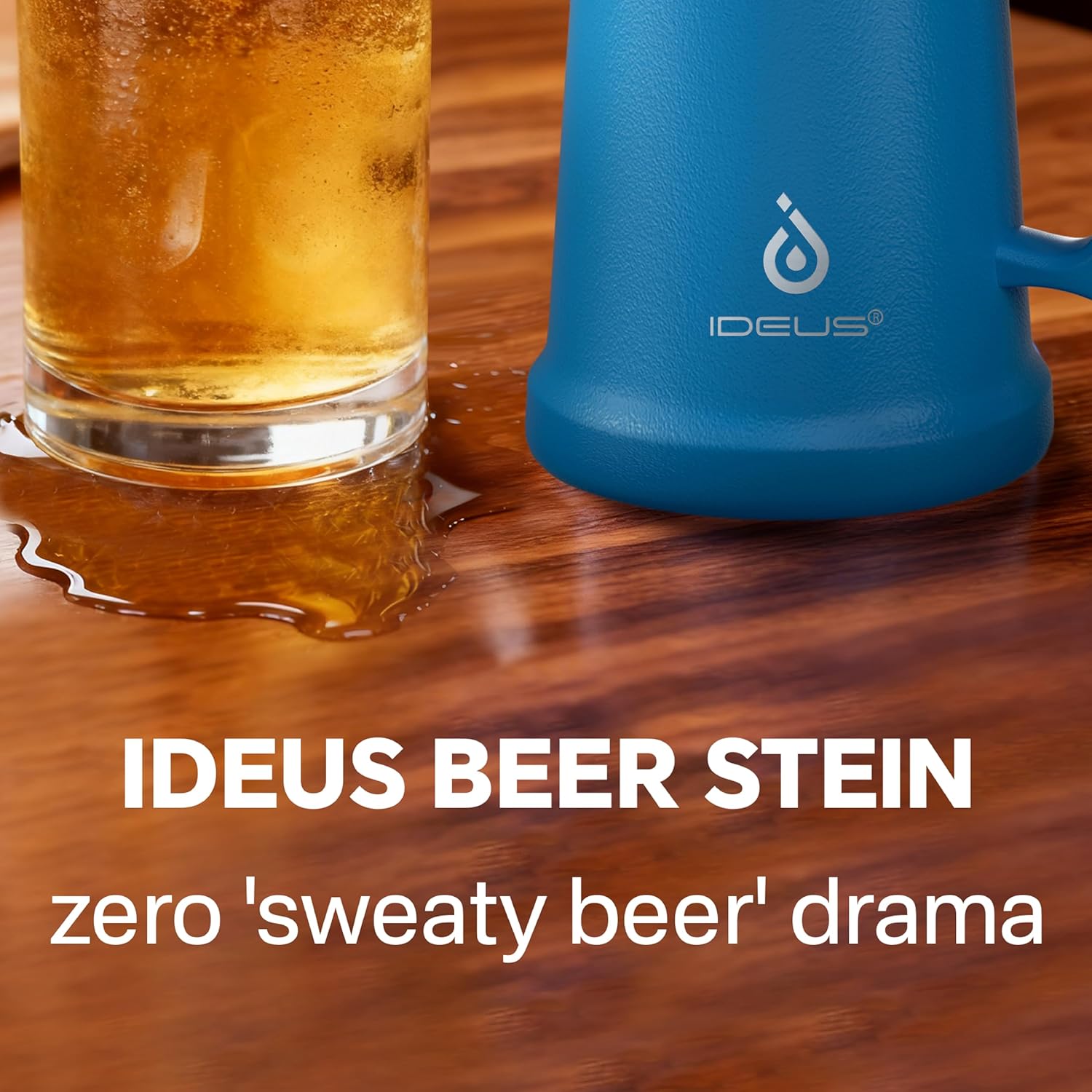 Ideus Insulated Beer Stein, 24/32oz Stainless Steel Double Walled Beer Mug Giant Bar Drinkware Metal Beer Cup with Big Grip Handle (Cerulean, 34oz (1,000ml))