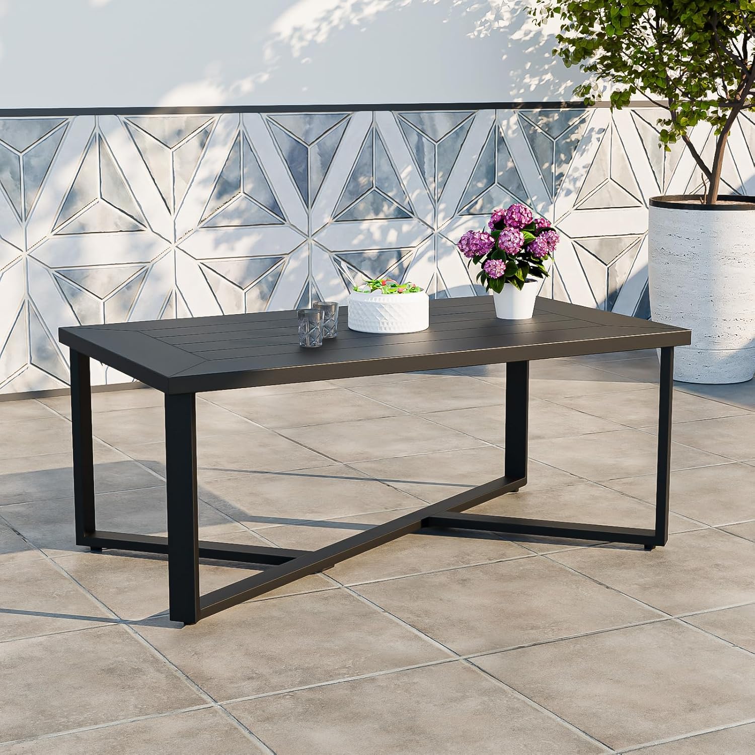 COOS BAY Iron Luxe Outdoor Coffee Table, Modern Weather Resistant Steel Patio End Table for Backyard, Garden, Deck, Porch, Balcony, Black