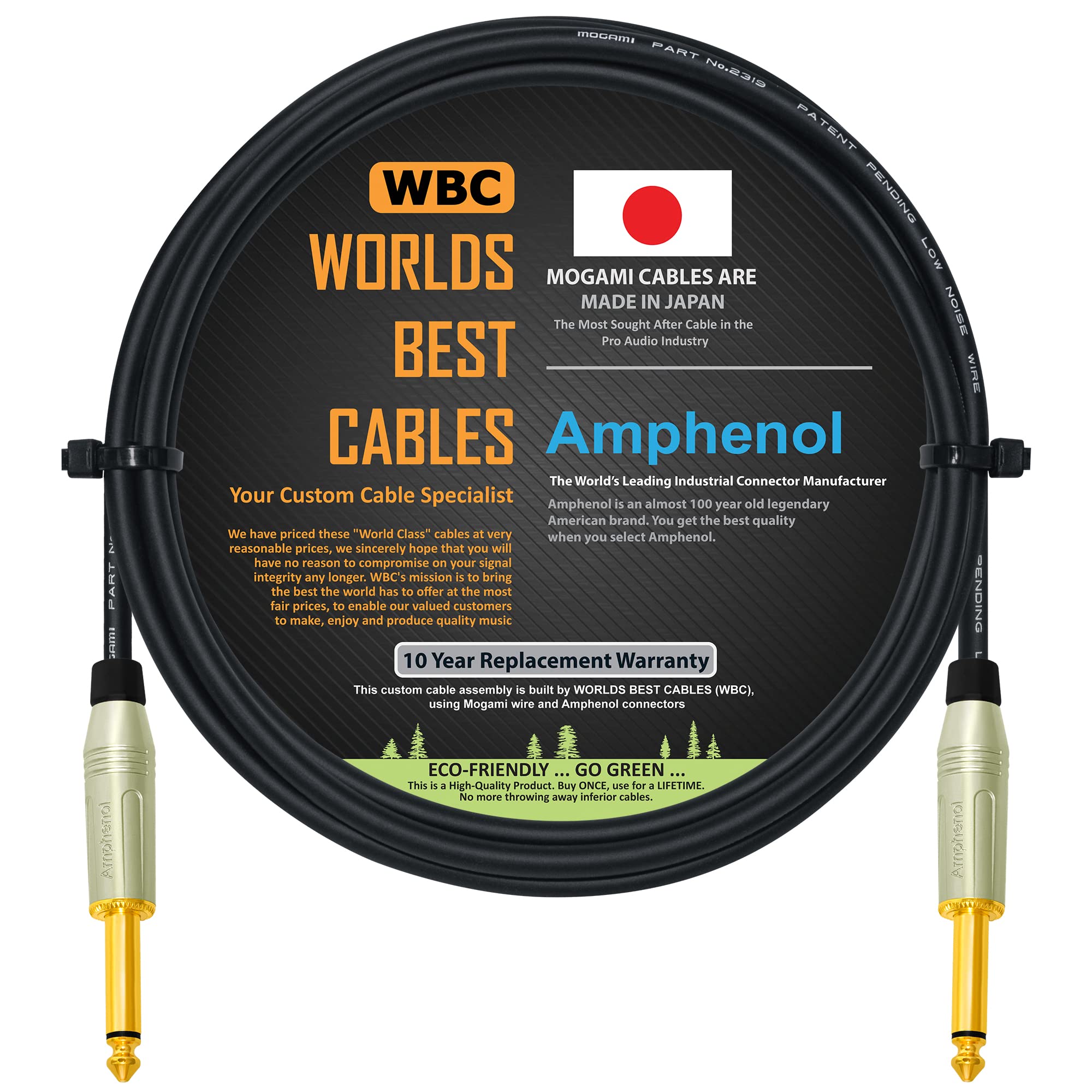 WORLDS BEST CABLES4 Foot – Pedal, Effects, Patch, Instrument Custom Made –Using Mogami 2319 Wire & Amphenol ACPM-GN-AU M-Series Straight Gold TS Plugs