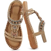 Aomigoct Sandals Women Flat Shoes Dressy Summer Bohemian Flats Shoes for Women Sandals Comfortable Ankle Strap Outdoor Walking