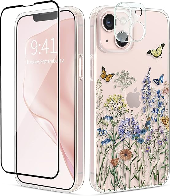 SUMGAR for iPhone 13 Case Flowers & Butterfly Design with Camera and Screen Protector Pretty Floral Clear Cover Shockproof Phone Case Cute Aesthetic Cases for Girls Women, Wireless Charging Available