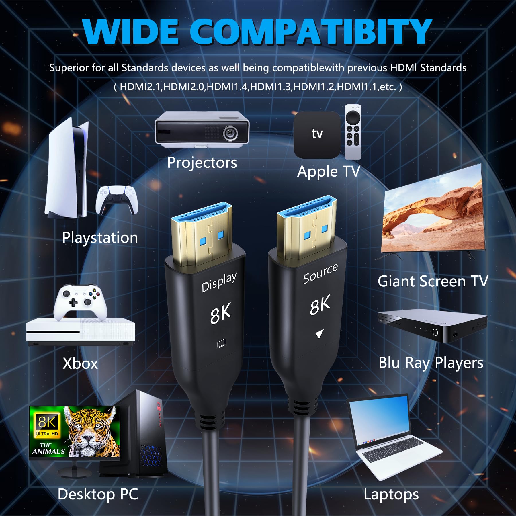 Cable de fibra óptica HDMI 8K largo 2.1 50 pies/15 m, cable HDMI óptico de alta velocidad unidireccional de 48 Gbps, 8 K a 60 Hz 4 K a 120 Hz eARC HDR10 HDCP 2.2/2.3 para televisor/proyector