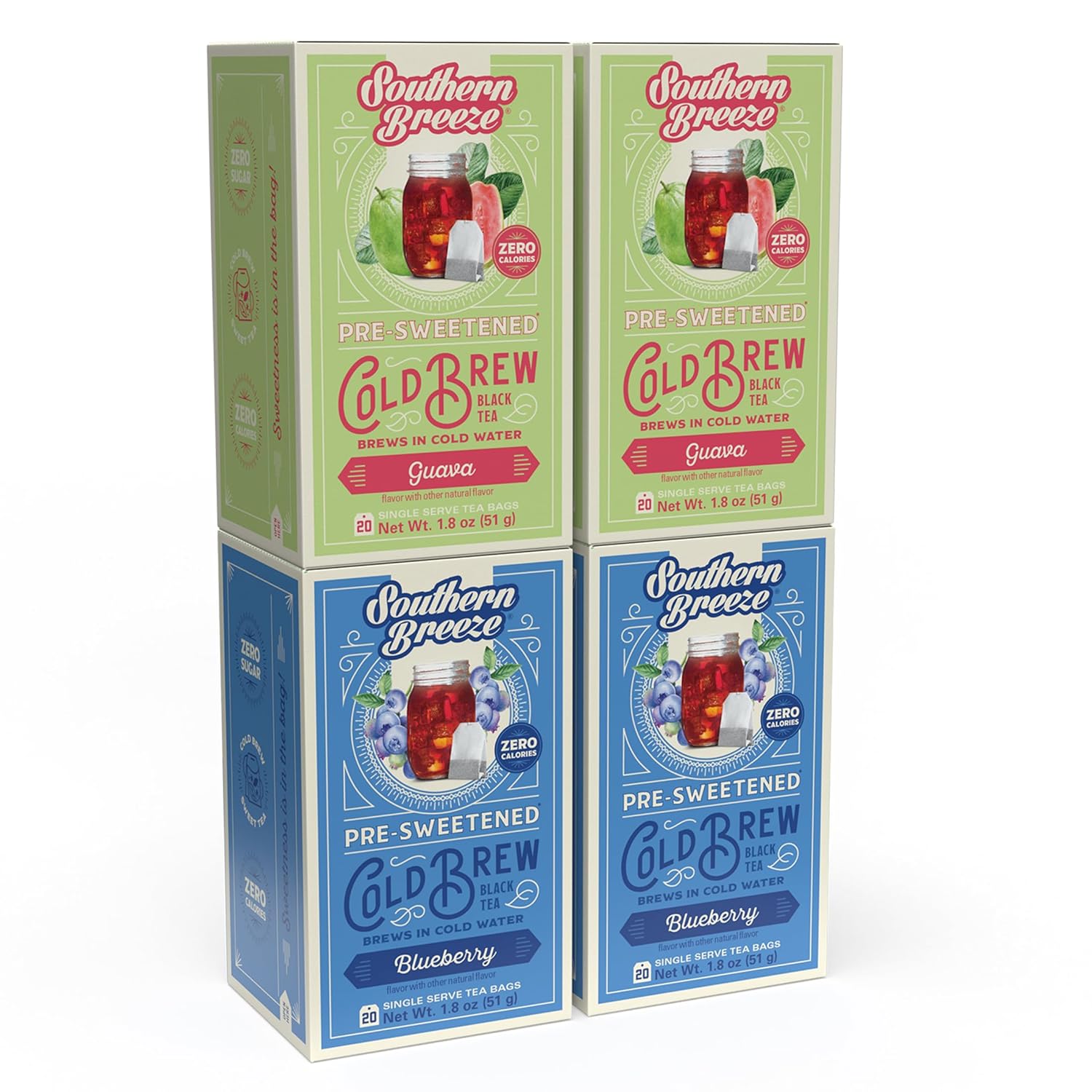 Southern Breeze Cold Brew Sweet Iced Tea with Black Tea and Zero Carbs Zero Sugar, 20 Individually Wrapped Tea Bags Pack of 4 (Guava and Blueberry)