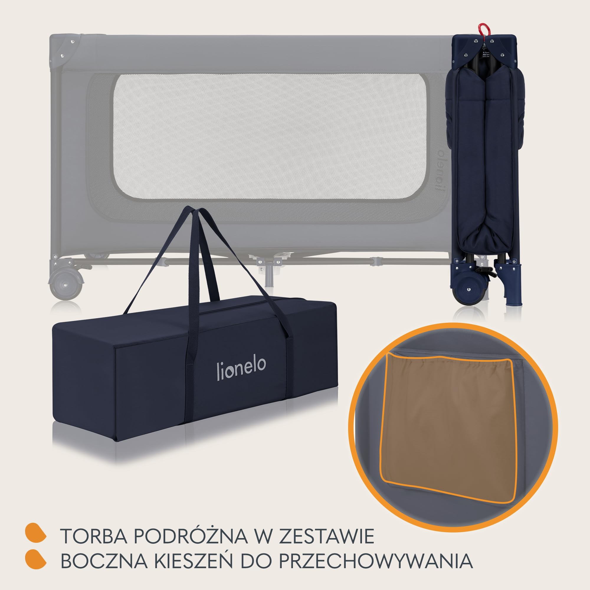 LIONELO Jasmin Easy Fold Łóżeczko Turystyczne Dziecięce do 15 kg od 0 do 36 miesięcy Piankowy Materac T25, 2 Poziomy Wysokości, Szybkie Składanie Easy Fold, Boczne Wejście, Kółka (Niebieski)