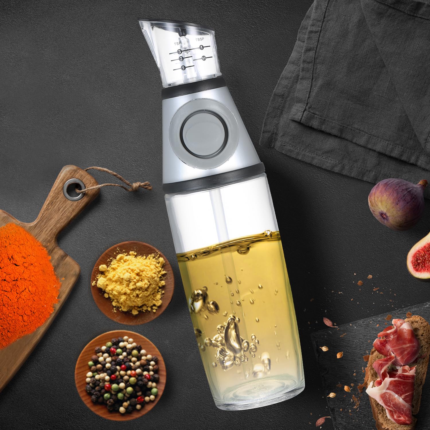 Dispensador de aceite de oliva, botella de vidrio de vinagre, sistema de bombeo de control de porciones, aderezo, vinagre, vertido para cocinar con taza medidora, 500 ml