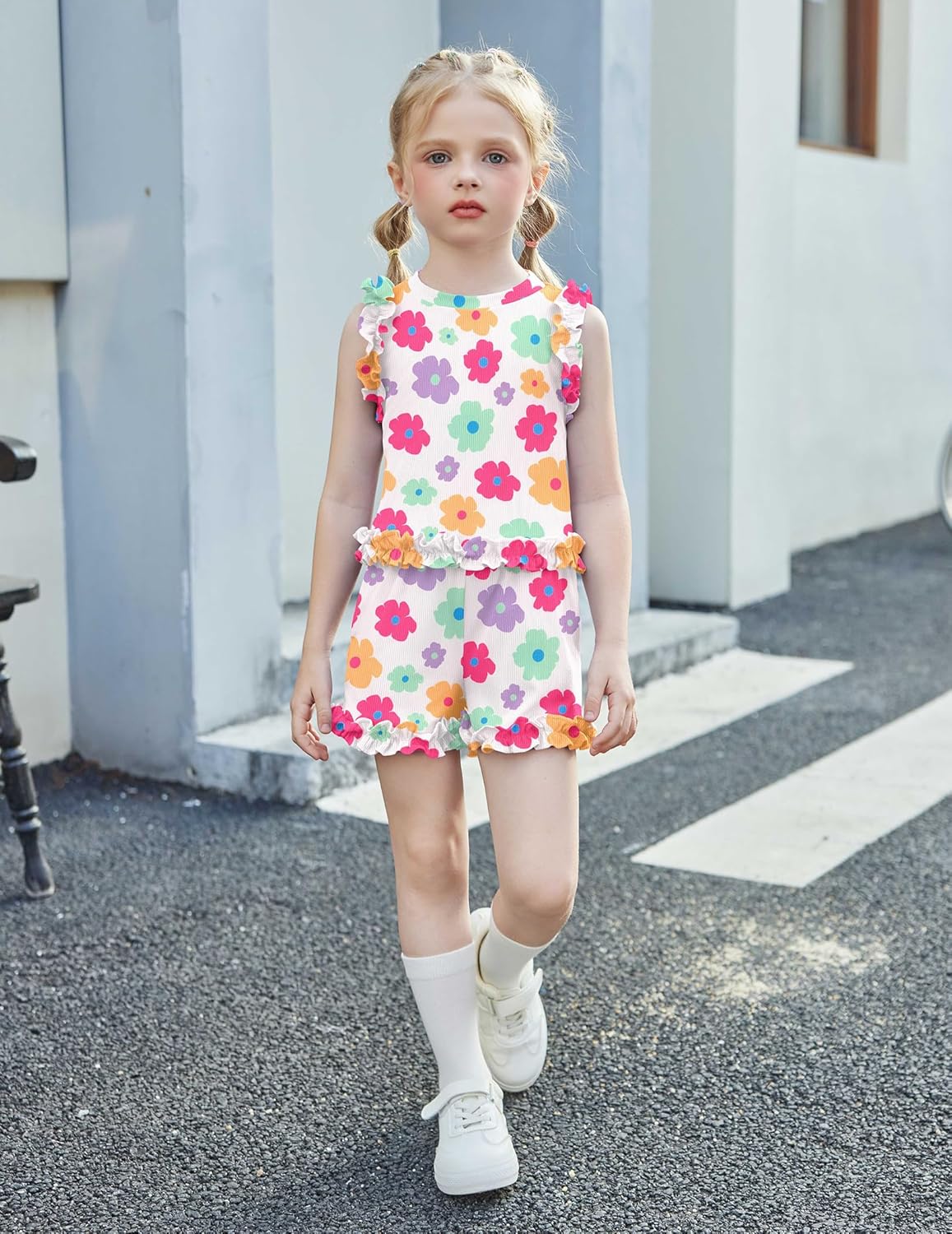 Arshiner Toddler Girls Clothes Ribbed Knit Ruffle Sleeveless Tops and Shorts with Pockets Cute Summer 2 Pieces Short Sets - Image 3