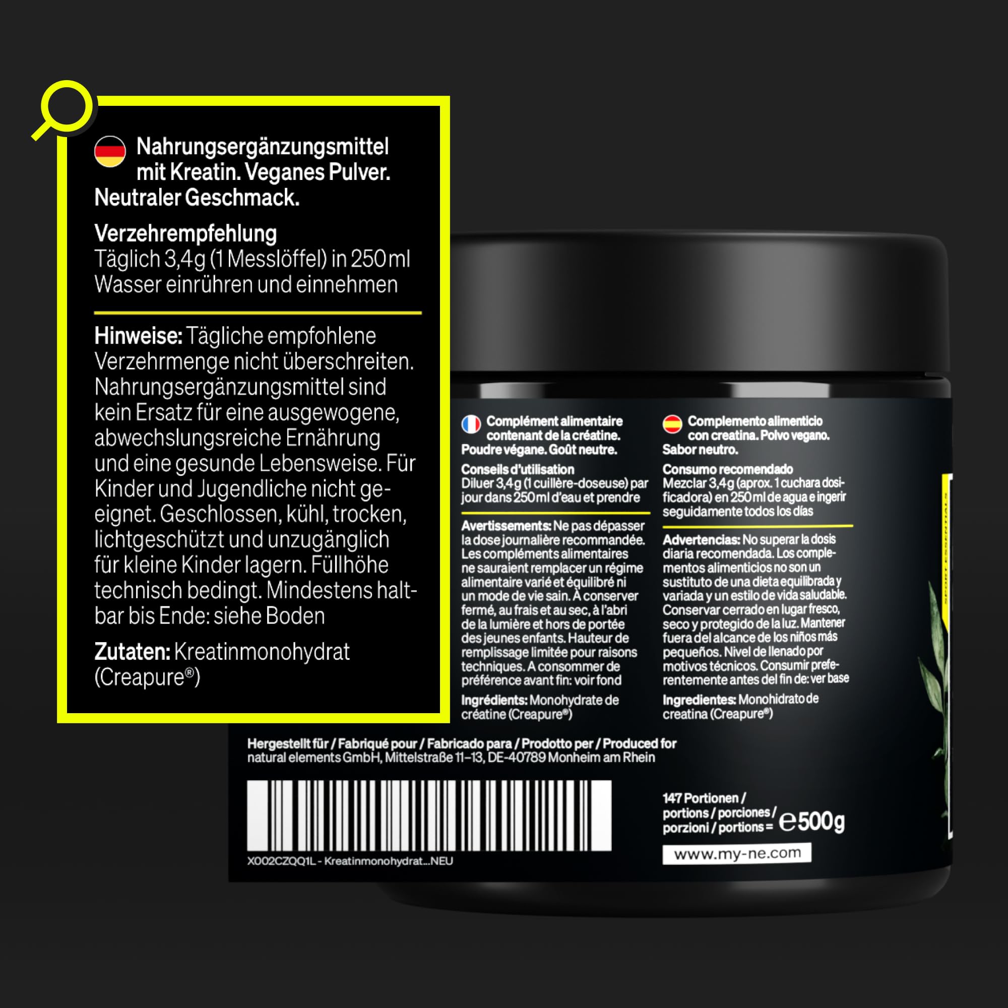 Kreatin Monohydrat Pulver – Markenrohstoff Creapure® – 147 Portionen (500g) – ultrafein: Mesh-Faktor 200 – geschmacksneutral & vegan – reines mikronisiertes Creatin Pulver ohne unnötige Zusätze
