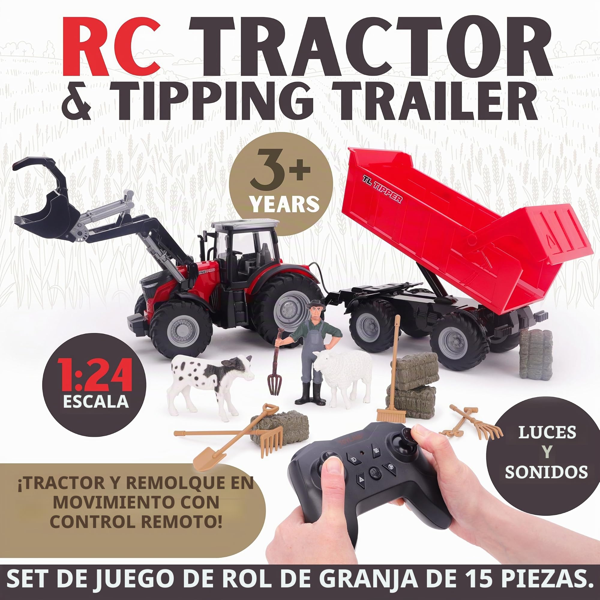 Toyland® Escala 1:24 Tractor Rojo a Control Remoto con Pala Frontal, Remolque basculante motorizado y Accesorios. de Juguete con Luces y Carga USB. Batería Recargable incluida. Vehículo de Granja.