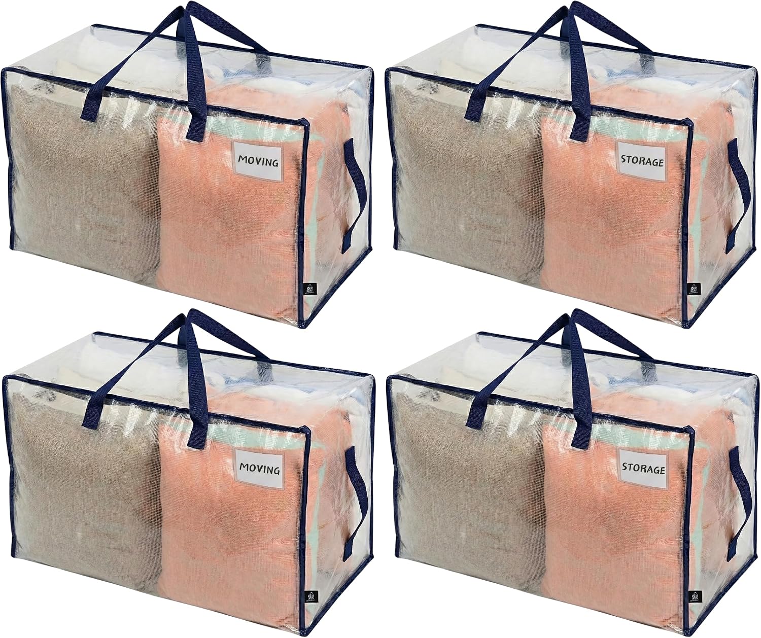 VENO 4 Pack Clear Extra Large Moving Bags & Storage Totes, Heavy Duty Organizer with Reinforced Handles & Strong Zippers for Clothes, College Dorm Essentials, Moving Supplies