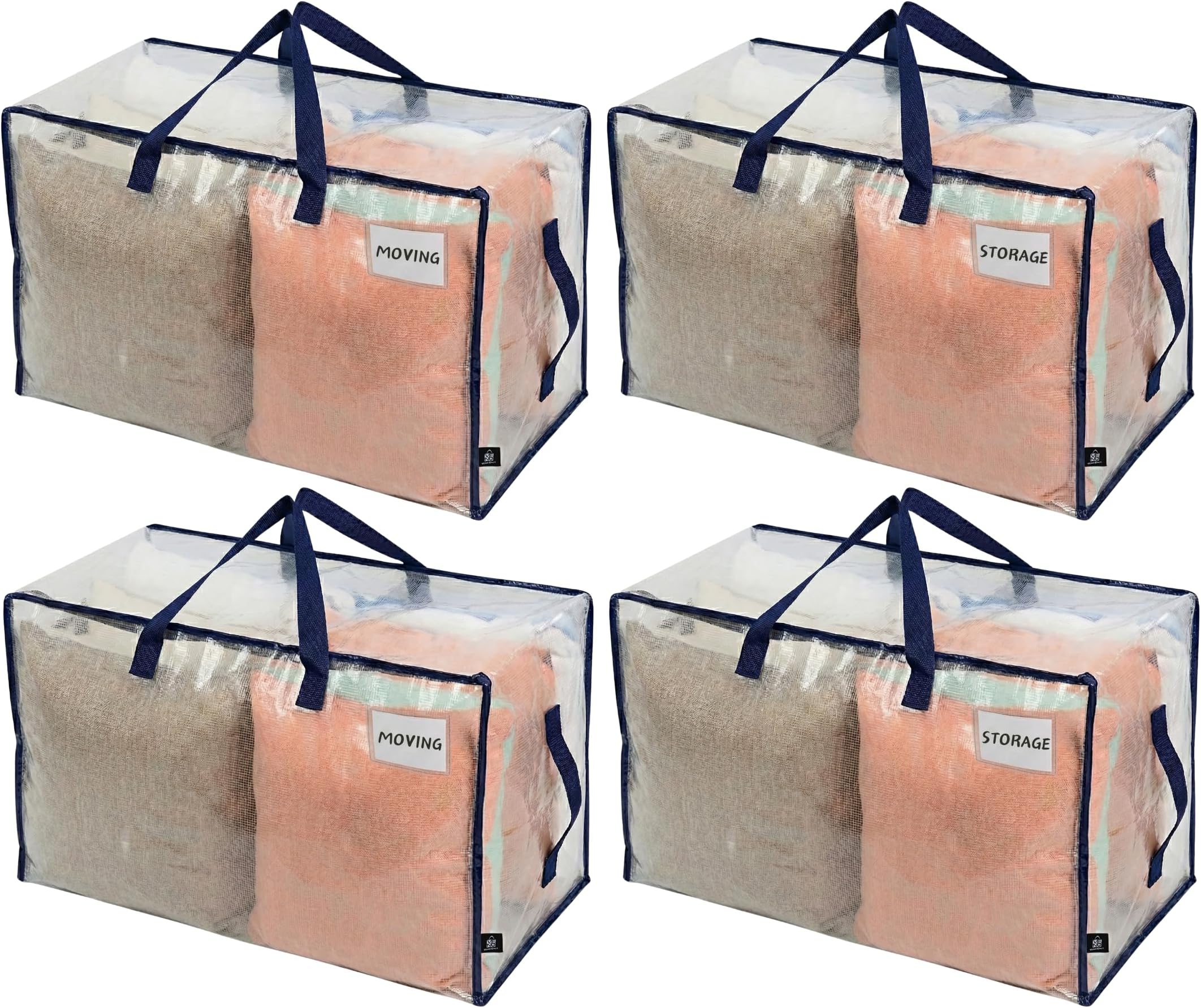 VENO 4 Pack Clear Extra Large Moving Bags & Storage Totes, Heavy Duty Organizer with Reinforced Handles & Strong Zippers for Clothes, College Dorm Essentials, Moving Supplies