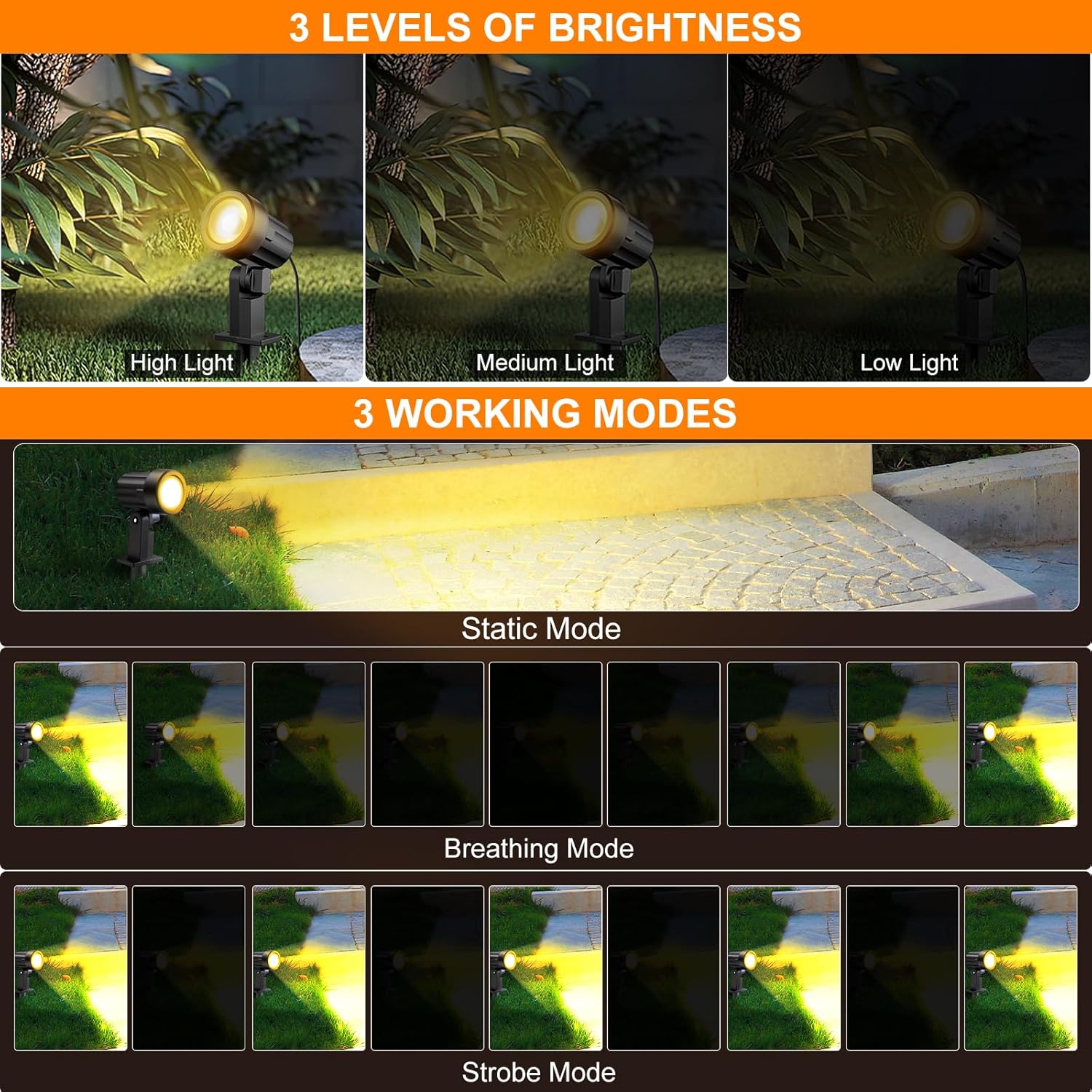 MEIKEE Solar Spotlights Outdoor, Solar Powered Landscape Lights, Dusk to Dawn with 3 Levels of Brightness, IP66 Waterproof 6 in 1 & 4 in 1 LED Garden Lights