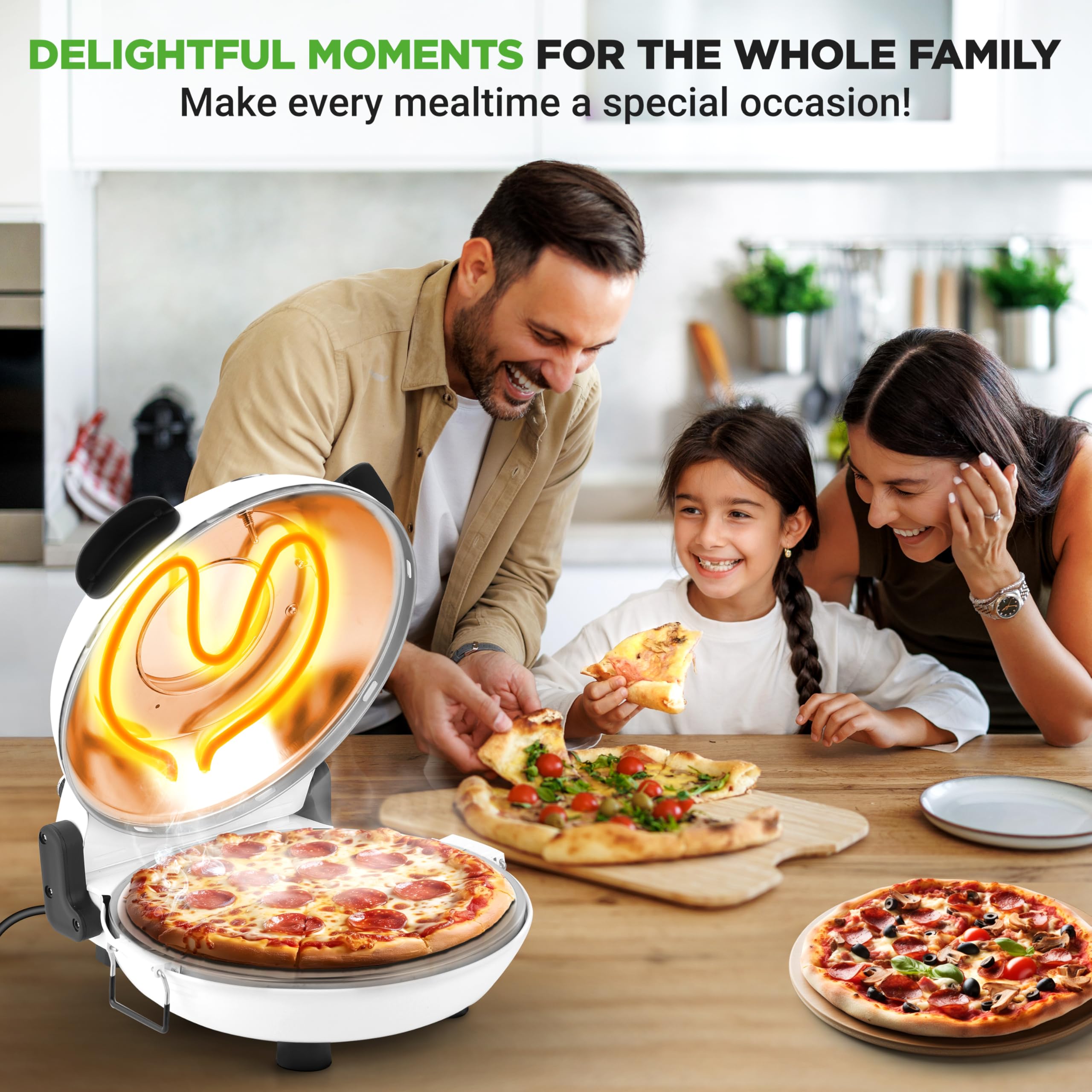 NutriChef Piekarnik elektryczny do pizzy 12” | Maker do pizzy na blat z kontrolą temperatury | Okno pieczenia | Podgrzewa do 800°F | Kamień nieprzywierający, łatwy do czyszczenia | Biały
