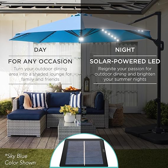 Best Choice Products 10ft Solar LED Cantilever Patio Umbrella, 360-Degree Rotation Hanging Offset Market Outdoor Sun Shade for Backyard, Deck, Poolside w/Lights, Easy Tilt, Cross Base - Rust