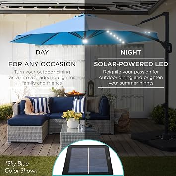 Best Choice Products 10ft Solar LED Cantilever Patio Umbrella, 360-Degree Rotation Hanging Offset Market Outdoor Sun Shade for Backyard, Deck, Poolside w/Lights, Easy Tilt, Cross Base - Rust