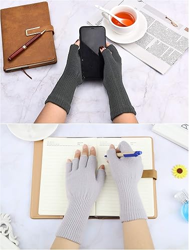 Miniatura 4 de SATINIOR Guantes sin dedos para mujer, guantes de escritura de medio dedo con puño largo para muñeca, guantes de punto sin dedos para mujer