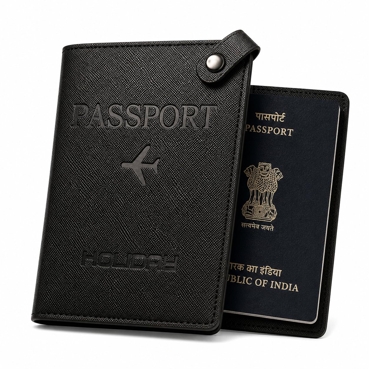 somnandi Vegan Leather Passport Cover for Men & Women - Slim Black Travel Wallet with Snap Button Closure, Embossed Airplane Design and Protective Case for Indian Documents, Business Trips & Holidays-picture-29