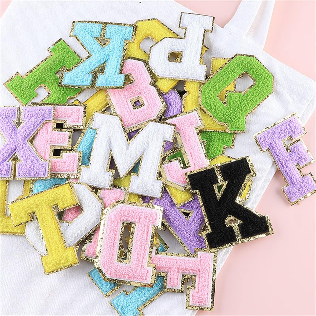 26 Pieces Glitters Patches Iron on Letters Chenille A-Z Patches with Gold Glitters Border, Decorative Repair Embroidered Patches, Personalized Sew On Patches for Clothing Hats, Yellow