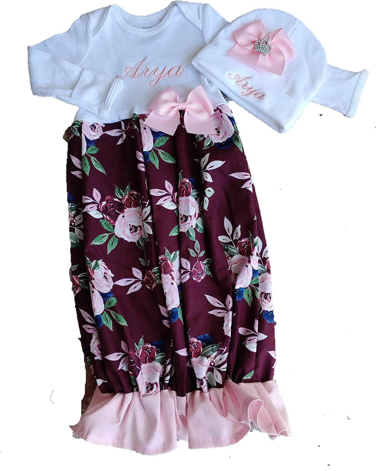 Newborn Baby Girl Coming Home Outfit Personalized Floral Layette Gown with Beanie Pink