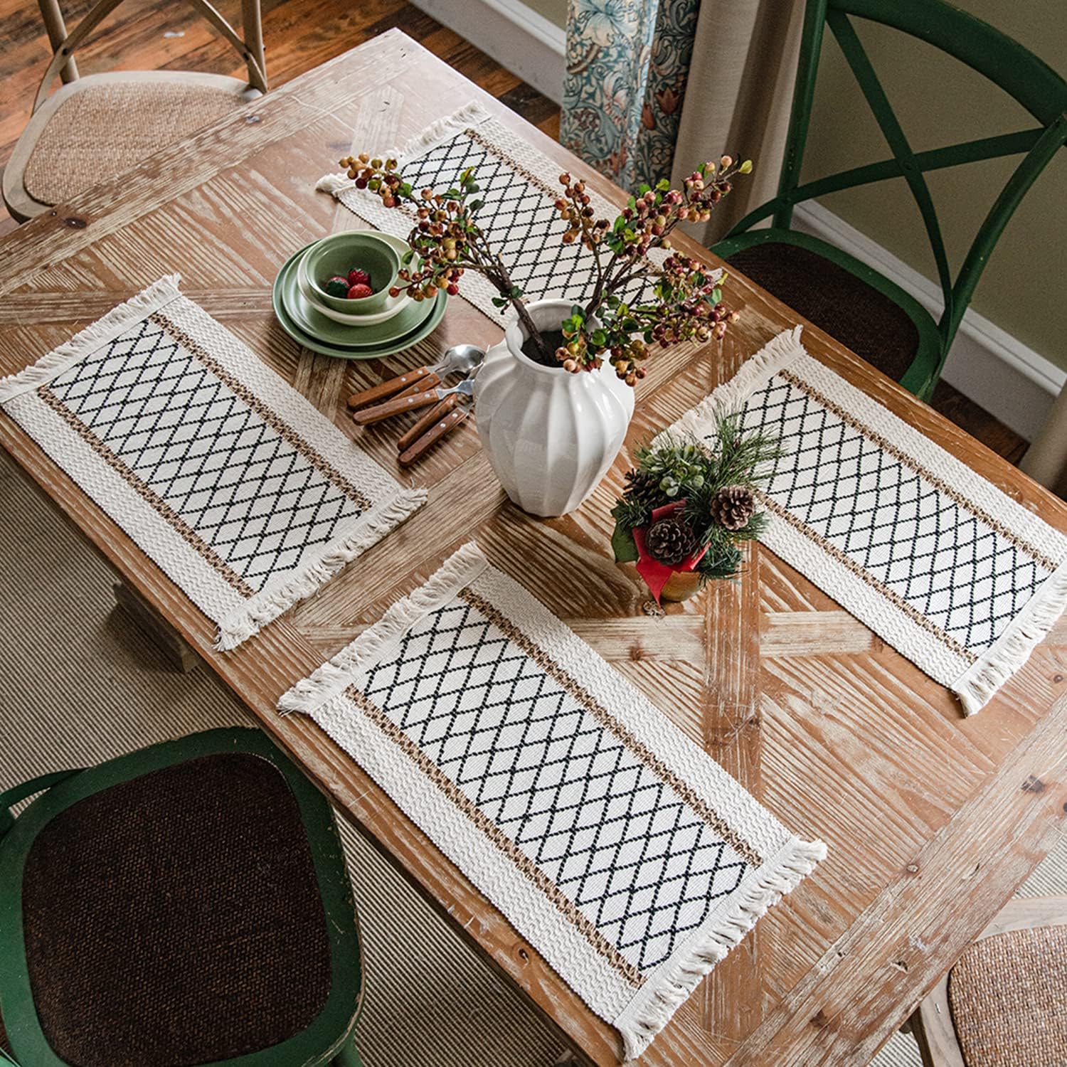 Falflor Placemats Set of 6 Woven Cotton Table Mats with Tassels for Wood Table