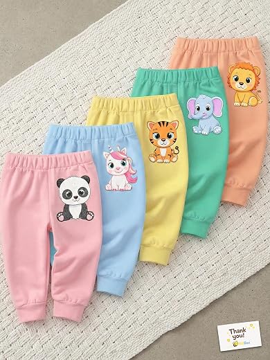 Kidbee Kids Cotton Track Pants for Boys &amp; Girls (0–10 Years) Soft Jogger with Elastic Waistband, Ribbed Ankle Cartoon Prin...