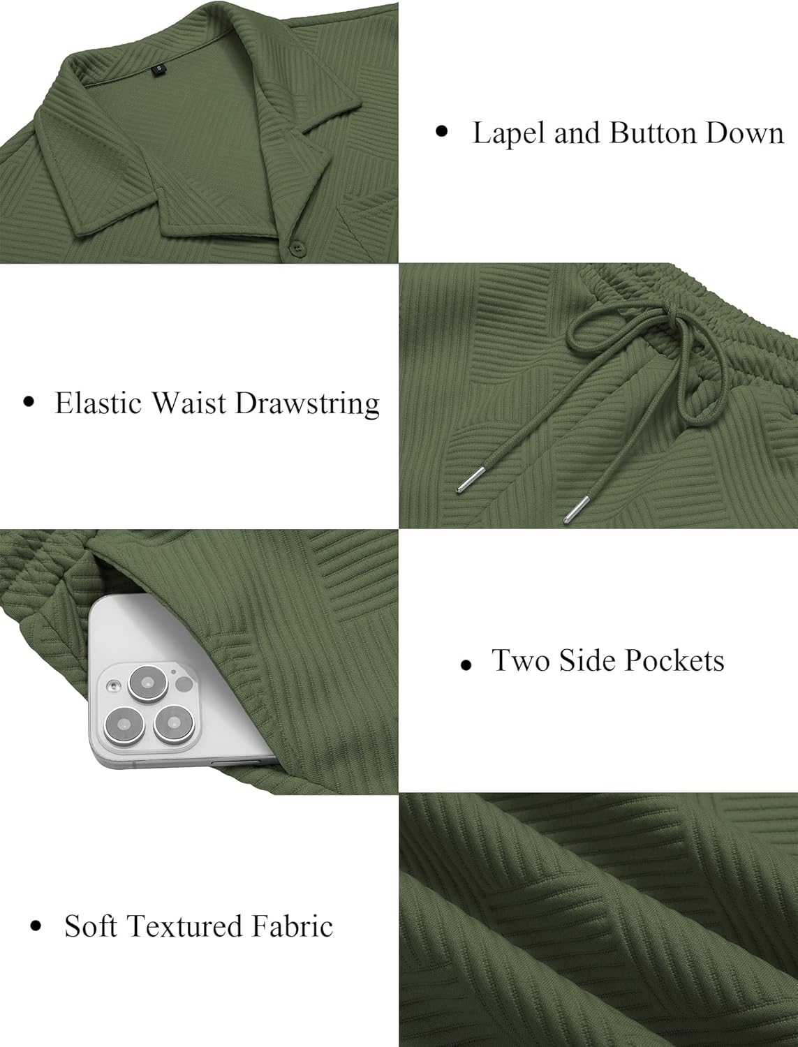 URRU Mens 2 Piece Outfits Summer Casual Texture Beach Short Sleeve Button Down Shirts and Shorts Set with Pocket - Image 5