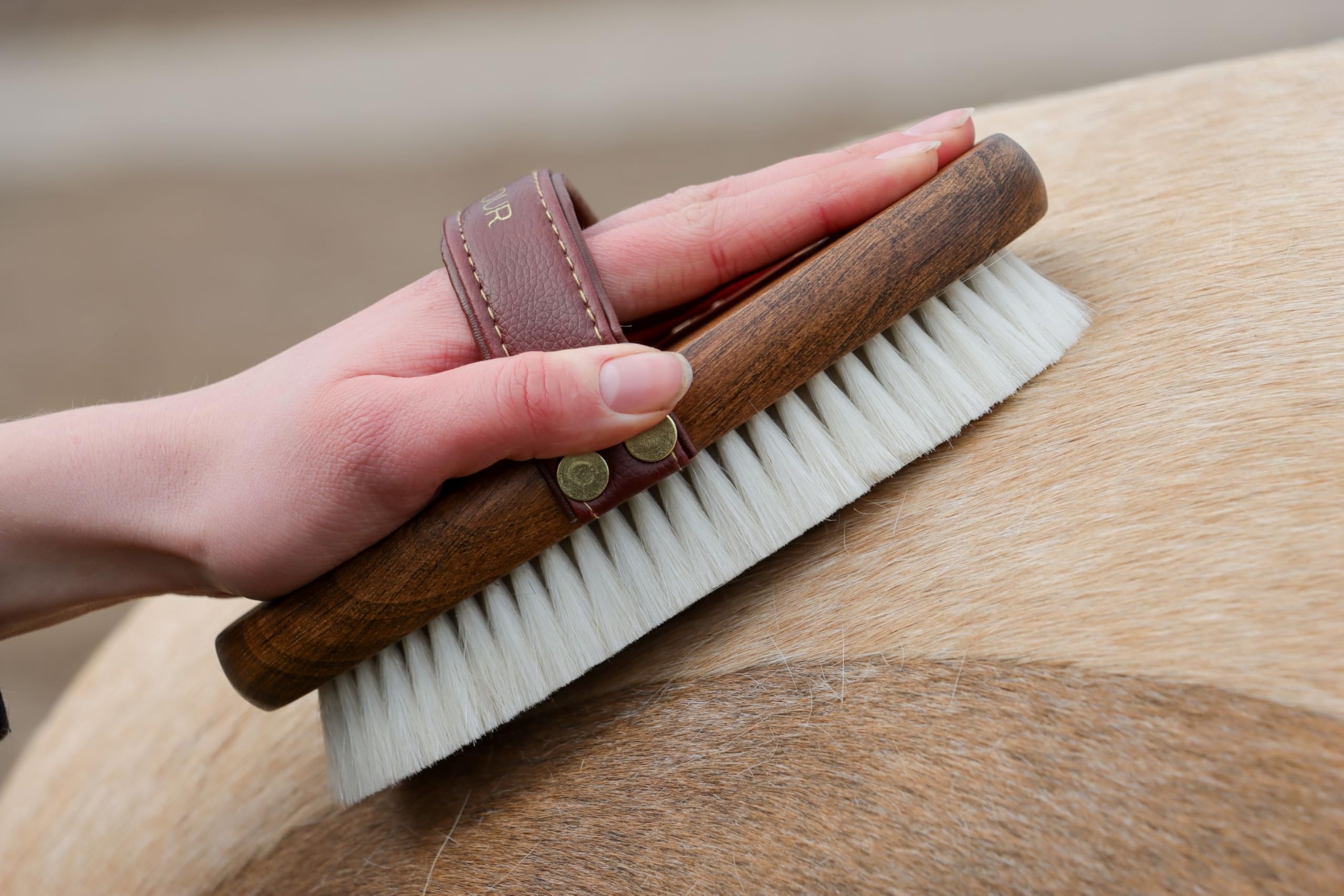 Cepillo de brillo – 100 % pelo de cabra | Cepillo para caballos con mango de madera y correa de cuero vegano | Cuidado suave del pelaje con acabado brillante y antielectrostático