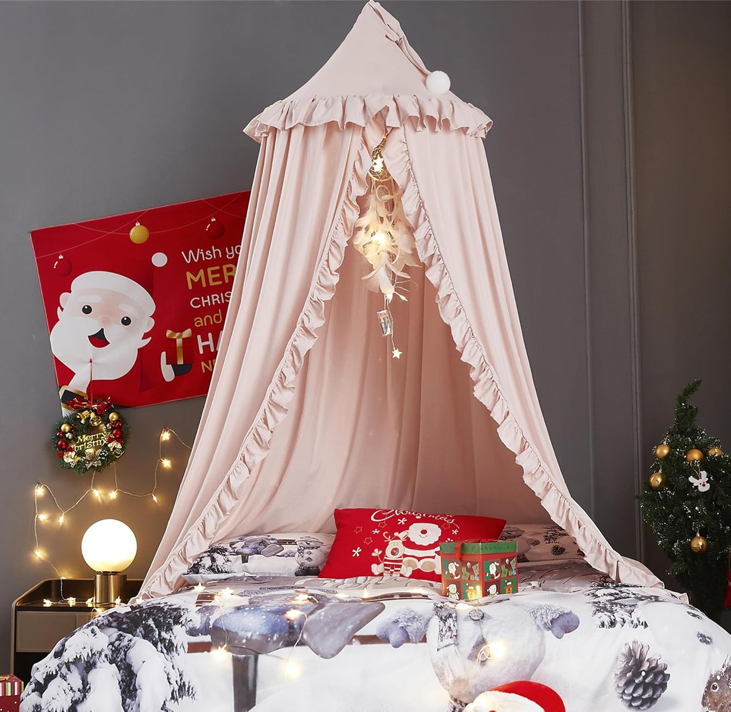 VETHIN Bed Canopy for Girls,Princess Round Dome Dreamy Mosquito Net Bedding Girls Room Castle Play Tent Hanging House Decor Reading Nook Canopies (Beige Pink)