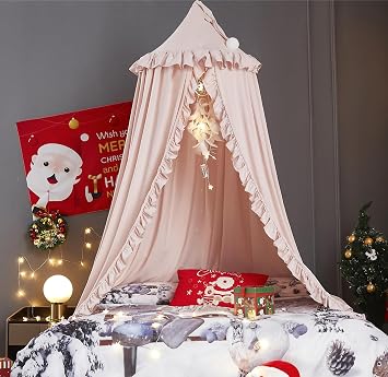 VETHIN Bed Canopy for Girls,Princess Round Dome Dreamy Mosquito Net Bedding Girls Room Castle Play Tent Hanging House Decor Reading Nook Canopies Beige Pink