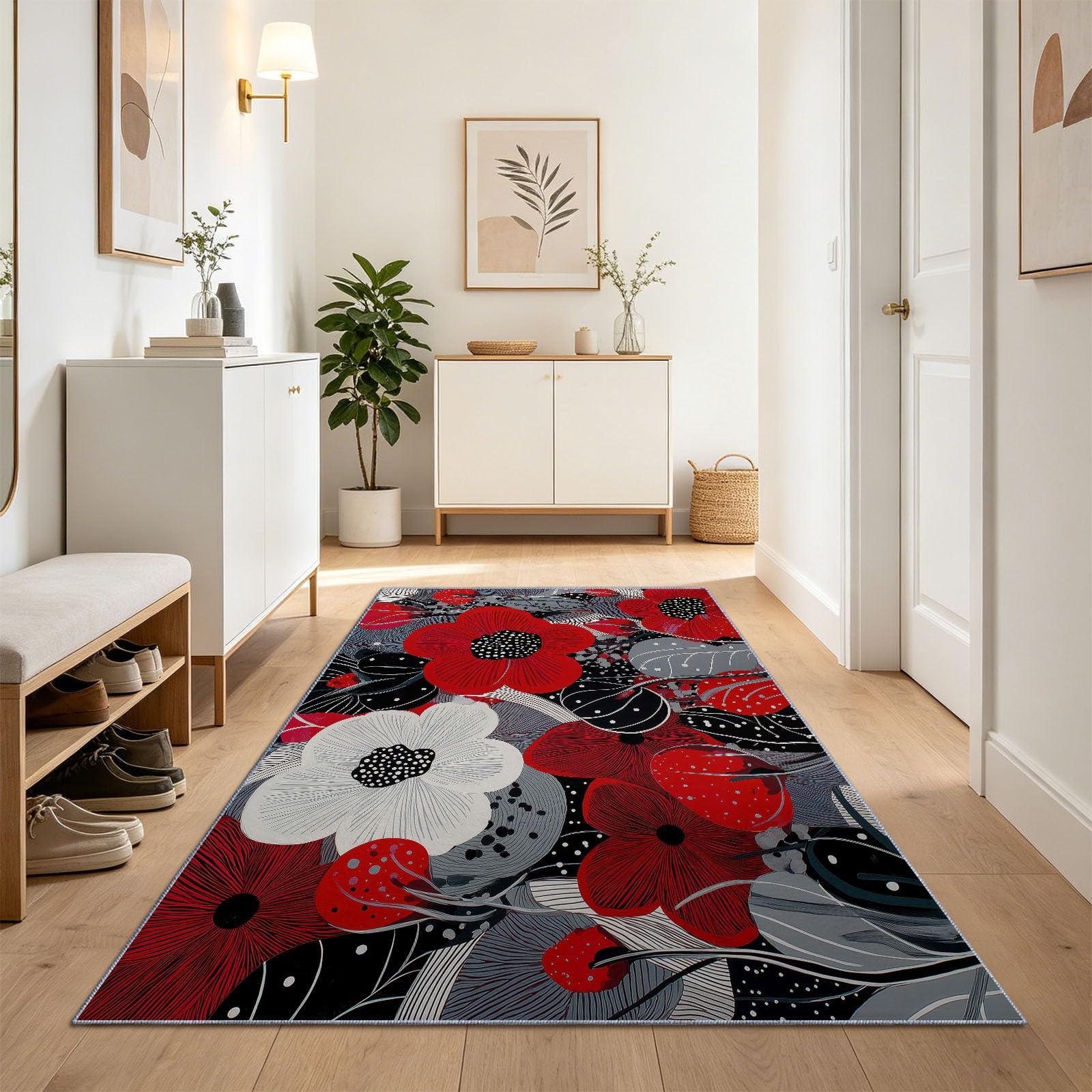 Tapis lavable 60x210 cm à motifs fleurs vintage rouge antidérapant