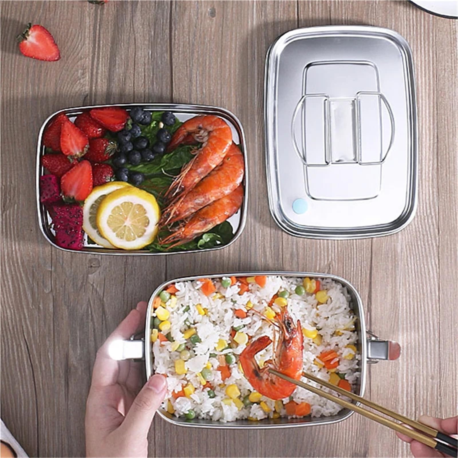 Fiambrera de acero inoxidable con tapa, gran capacidad, doble capa, antifugas, for almacenar alimentos, vajilla cocina Meal Prep Containers(Double Layer 1.5L)