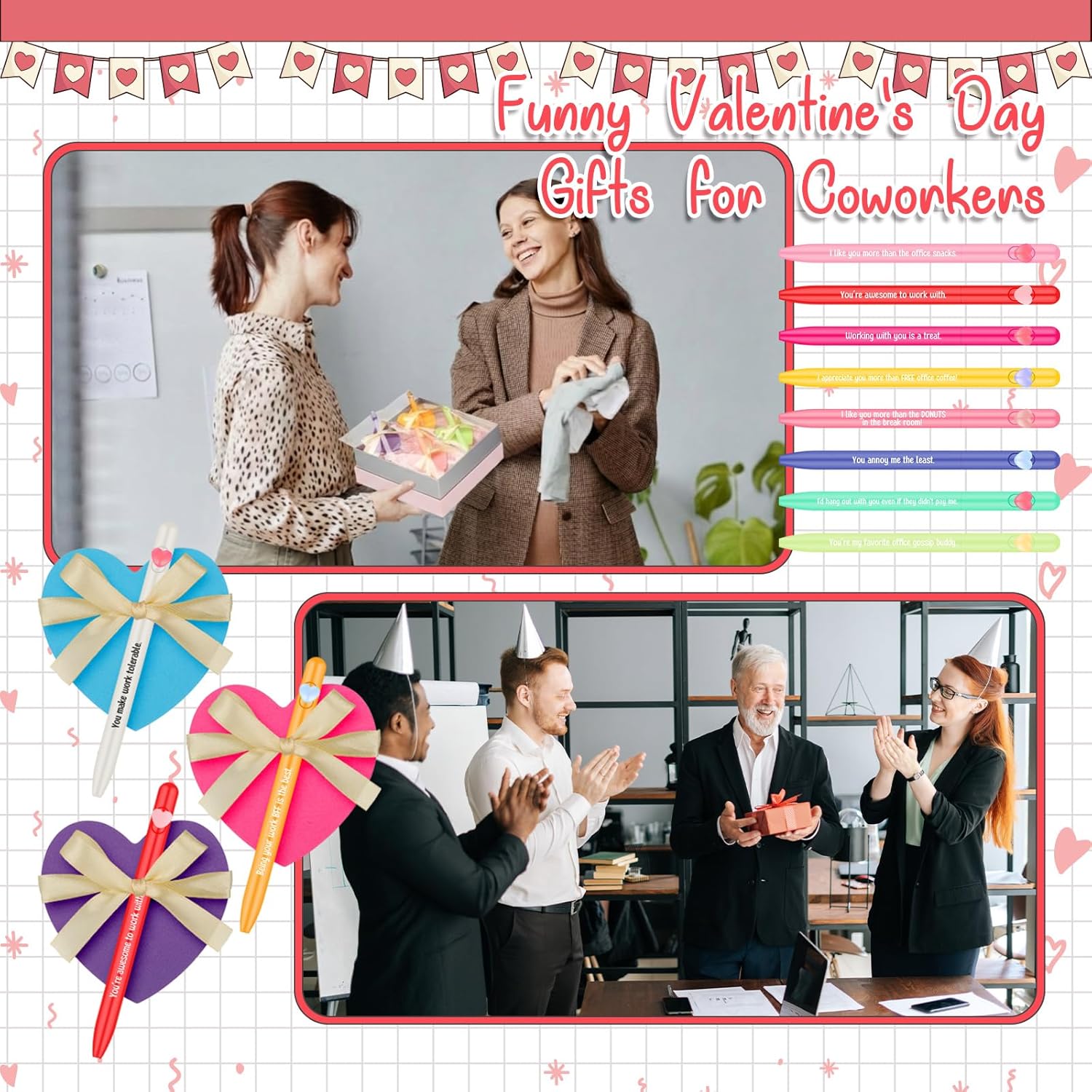 Colarr 30 Set Coworker Valentines Gift Bulk Funny Valentines Pens with Heart Sticky Note Ribbon Valentine's Party Favor for Work Teacher Adult Office Staff Colleague Employee Team Exchange Gift