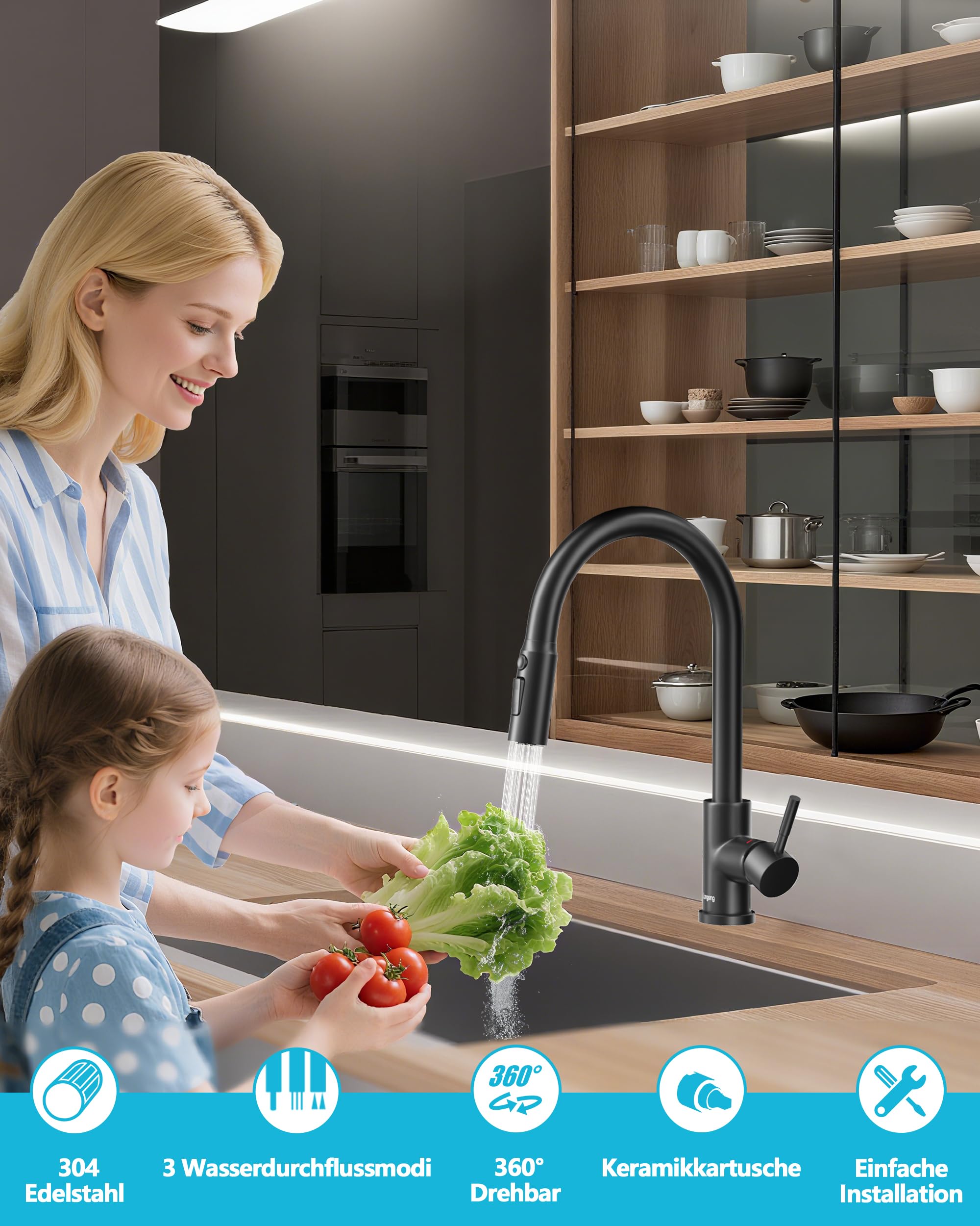 Wasserhahn Küche Schwarz, Hochdruck Küchenarmatur, Drei Strahlarten mit Küchenarmaturen, 360°-Drehbare Wasserhahn Küche, 304 Edelstahl-Armatur Küche(Schwarz)