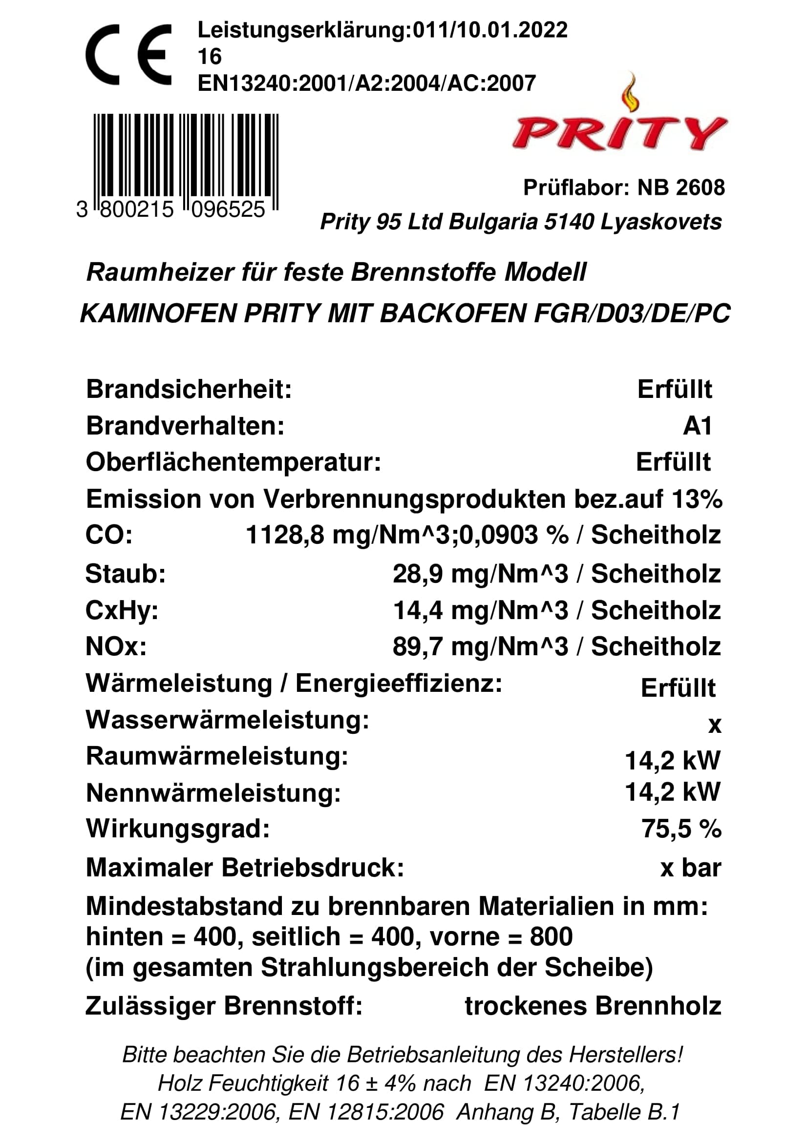 Poêle à Bois avec Four BALKAN ENERGY FG R 14.2 kW