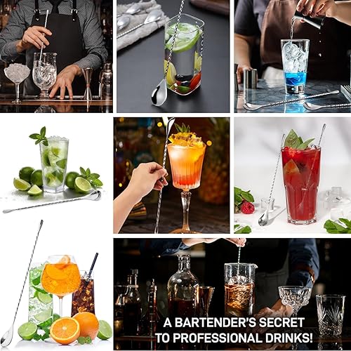 Miniatura 9 de AKOAK Cuchara coctelera de acero inoxidable de 12 pulgadas, cuchara para mezclar café, patrón en espiral con mango largo mezclador de bebidas casero