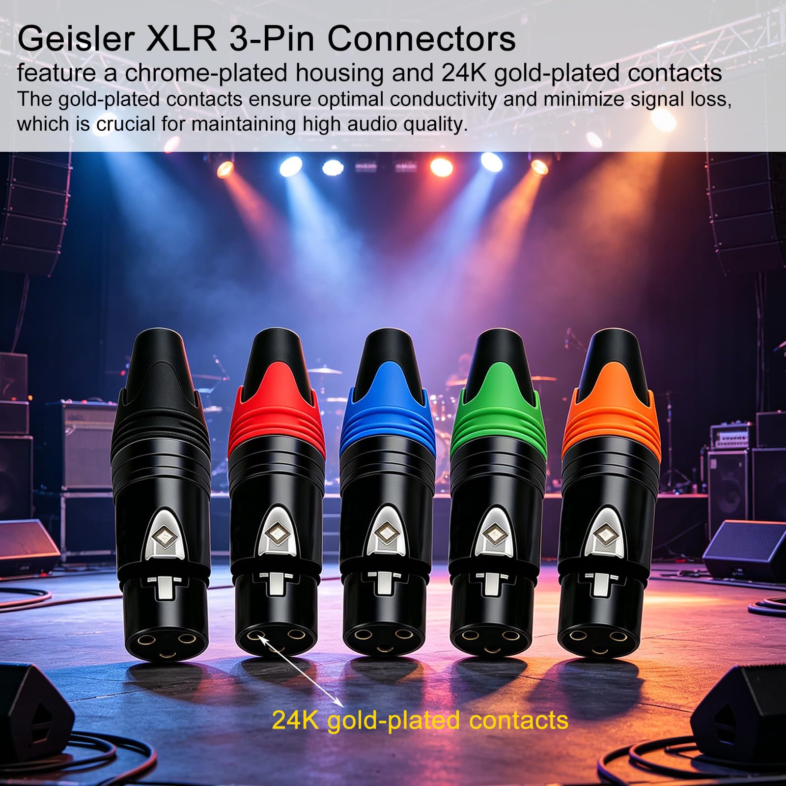 Geisler XLR-Stecker, 3-poliger Adapter-Buchsenstecker mit feinem, schwarzem, vernickeltem Gehäuse mit optionaler Farbmarkierung und flexibler Kombination (schwarzes Gehäuse, bunte Markierung), 25