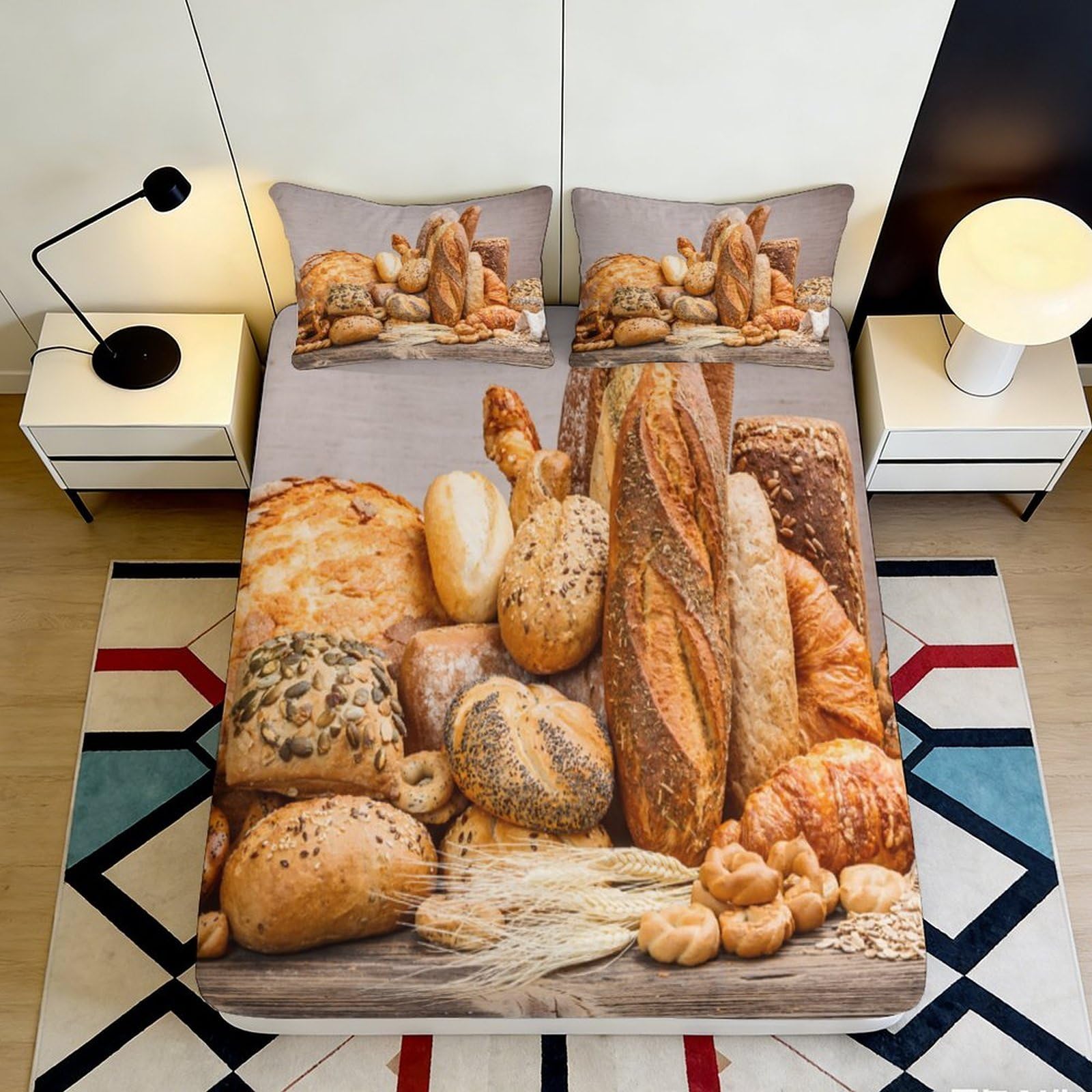 3D Printed Bread Theme Fitted Sheet Microfiber Deep Pocket Non-Slip Bread Mattress Fitted Cover Full Wrap Washable for Bedroom 200x200x25cm