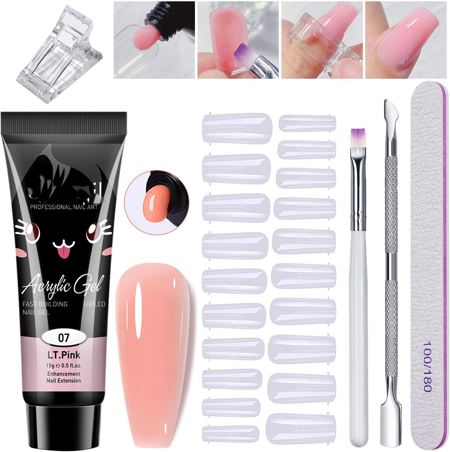 8 PCS Poly Extension Gel Manicure Kit Poly Gel With Dual Forms ,Slip Solution Nail Brush Nail File Poly Gel Nail Art Kits for Starter (Light P i n k)