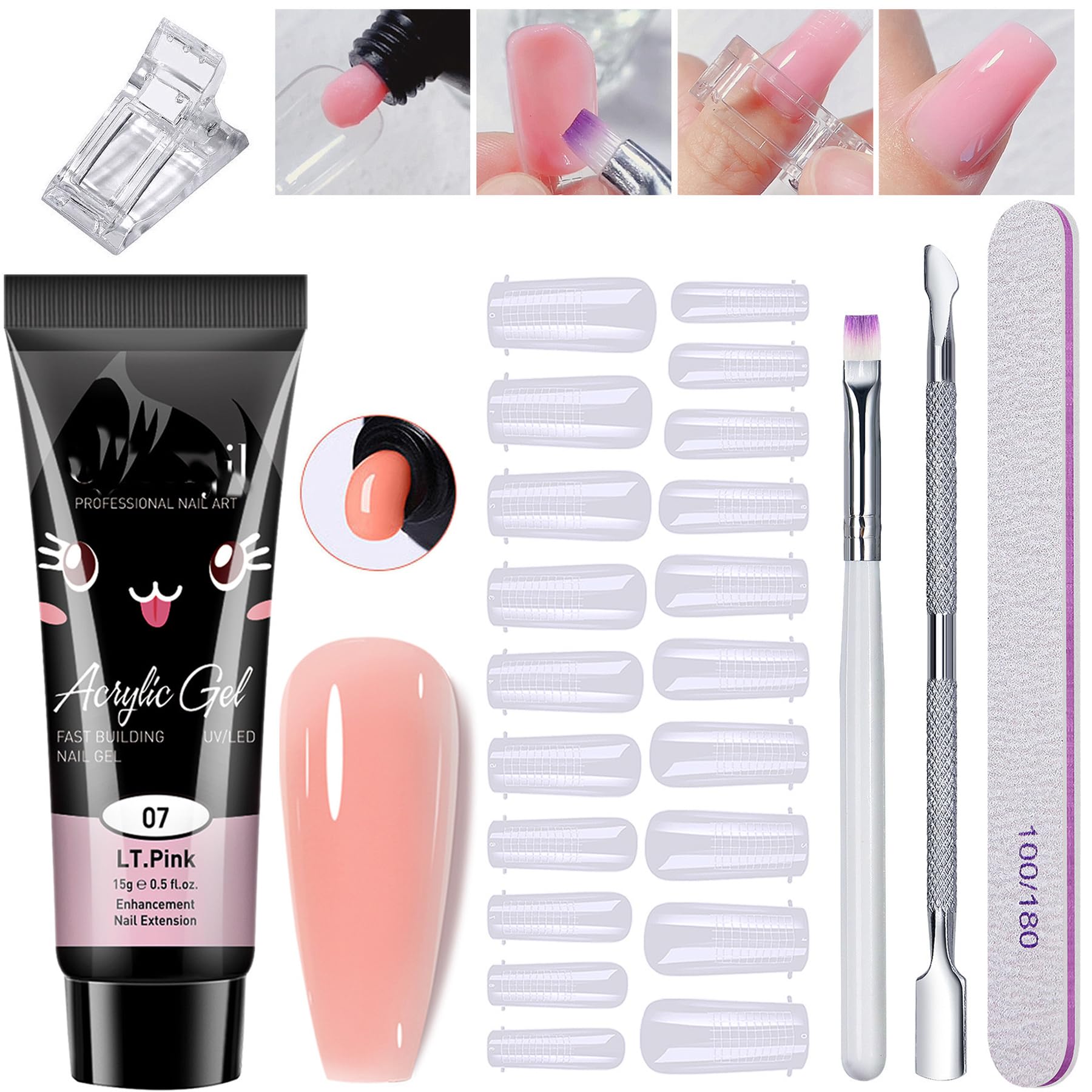 8 PCS Poly Extension Gel Manicure Kit Poly Gel With Dual Forms ,Slip Solution Nail Brush Nail File Poly Gel Nail Art Kits for Starter (Light P i n k)