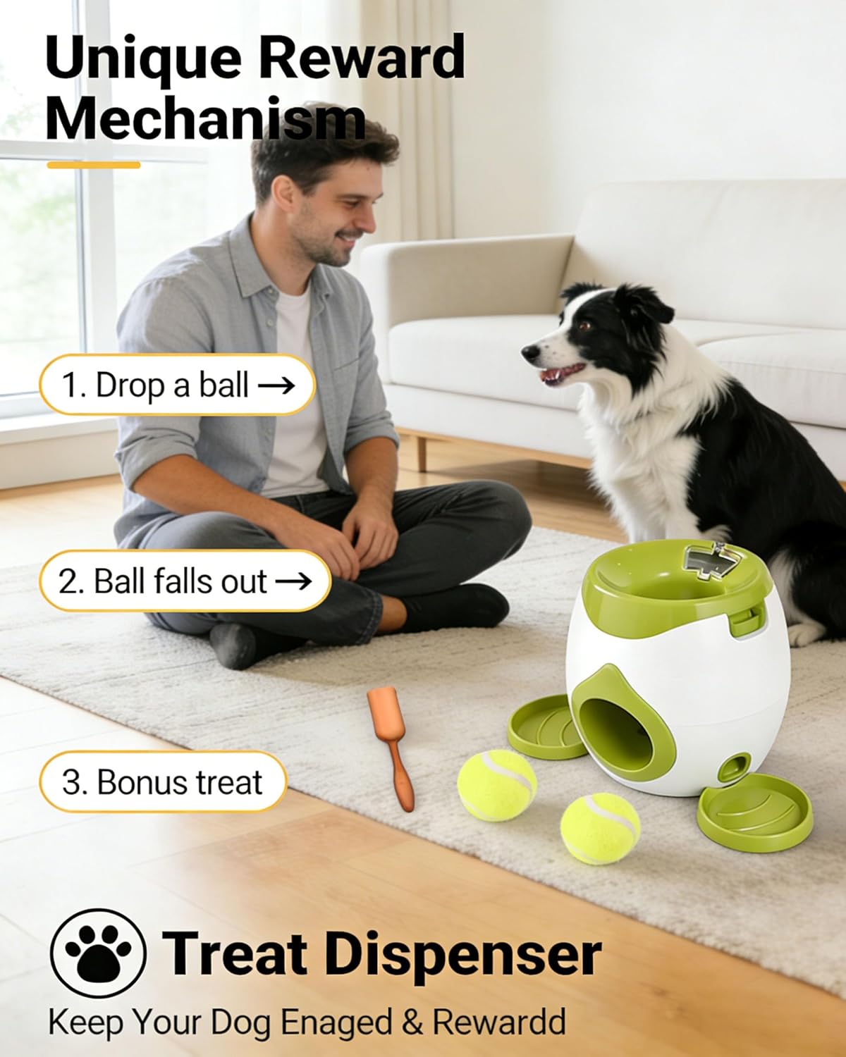 2-in-1 Dog Tennis Ball Launcher & Treat Dispenser, Drop the Ball to Get Treats, Interactive Slow Feeder Toy for Mental Stimulation & Anti-Boredom, Durable Fun Feeding Bowl for All Breeds (Green)