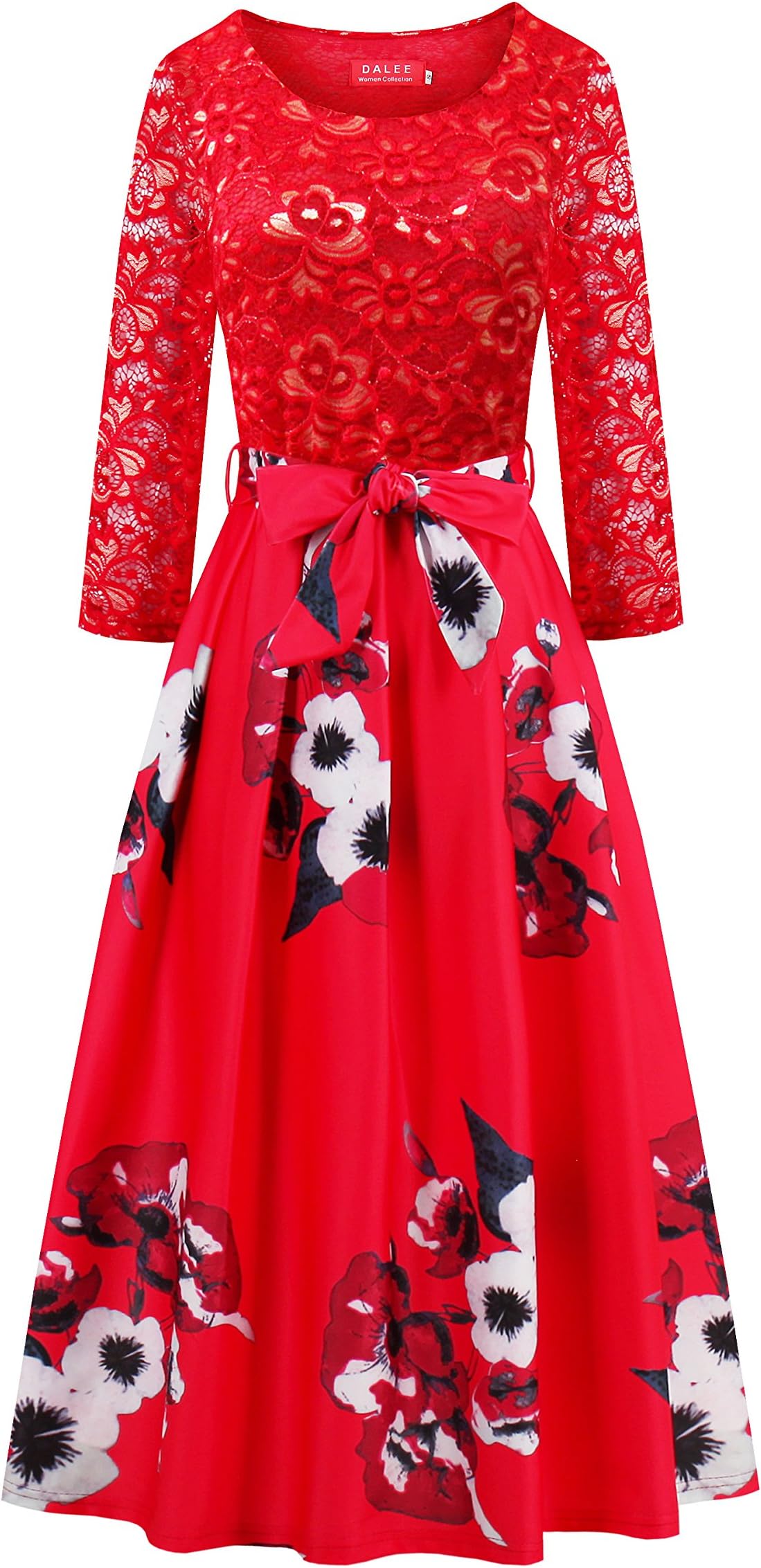 Women's Vintage 1950s 3/4 Sleeve Lace Floral Printed Cocktail Evening Dress (XL, Red-2)