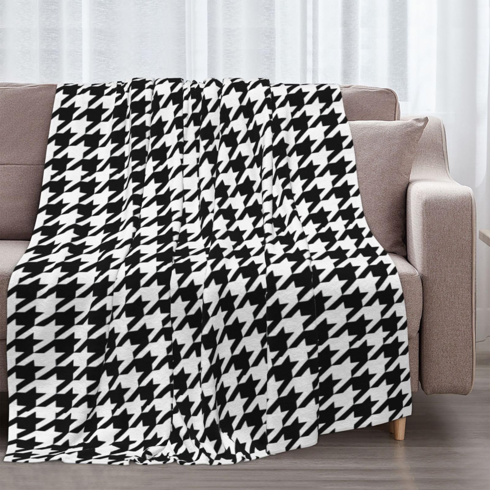 Couverture en flanelle avec imprimé pied-de-poule noir, 178 x 203 cm, confortable, chaude, pour l'hiver, le camping ou les voyages