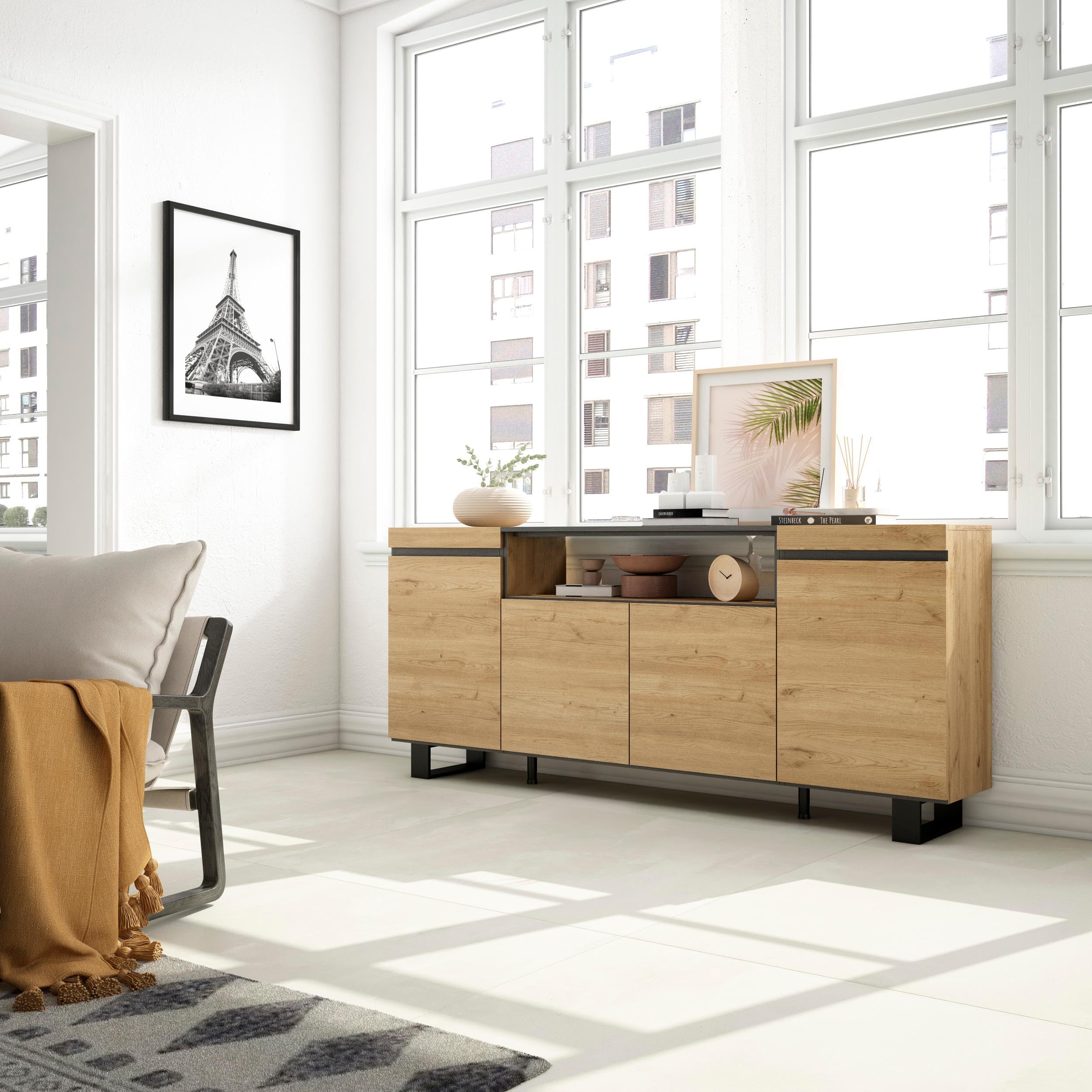 Skraut Home | Aparadores para salón | Gran Capacidad de almacenaje | 200x87x35cm | 4 Puertas | Diseño Industrial | Estilo Moderno | Roble y Negro
