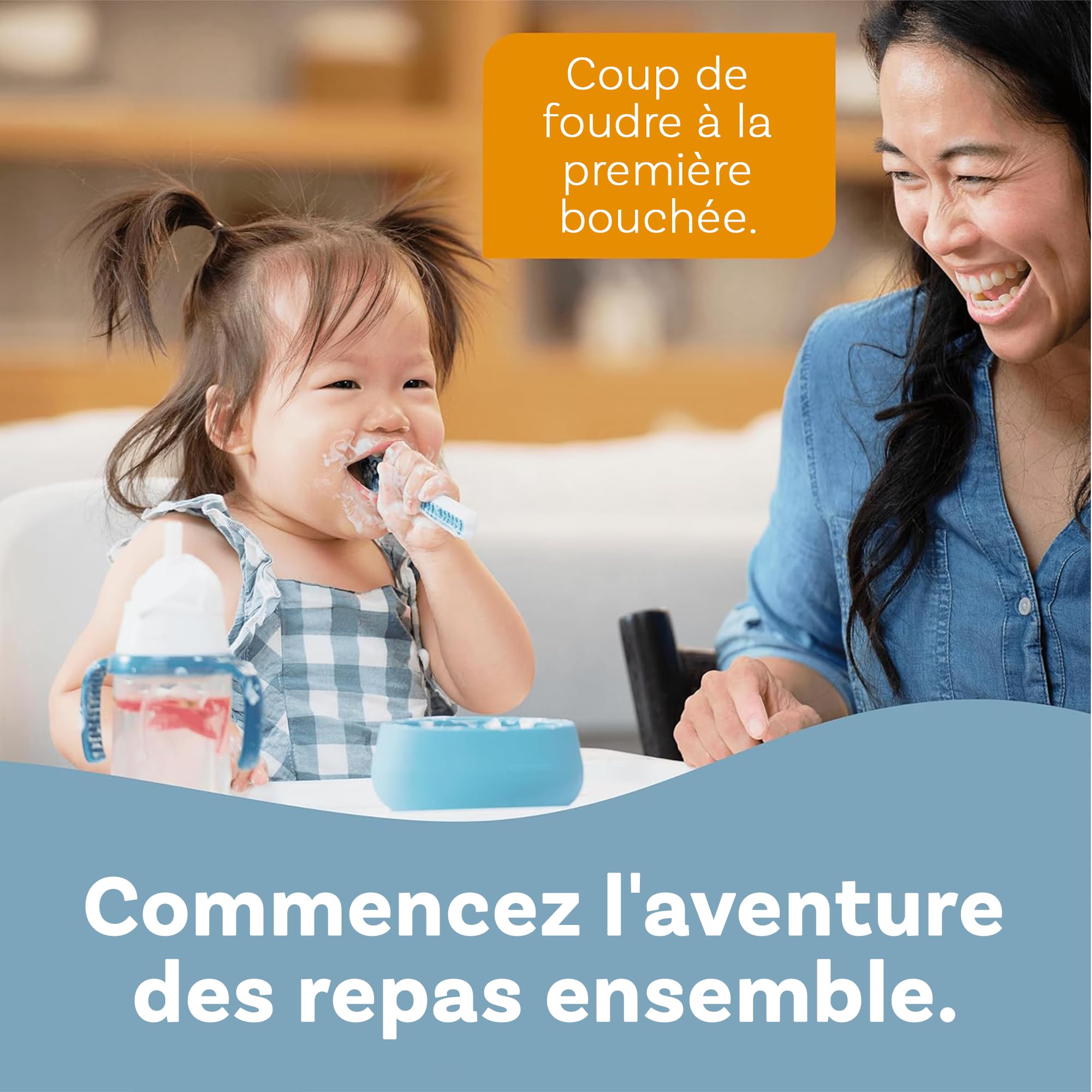 NumNum GOOtensils Cuillère Bébé 1er Âge - Étape 1+2 Silicone Cuillere Bebe Apprentissage 6+ Mois - Idéale Couvert pour Diversification Alimentaire Bébé et Autonomie - Sans BPA - Lot de 2 (Bleu/Orange) - 4