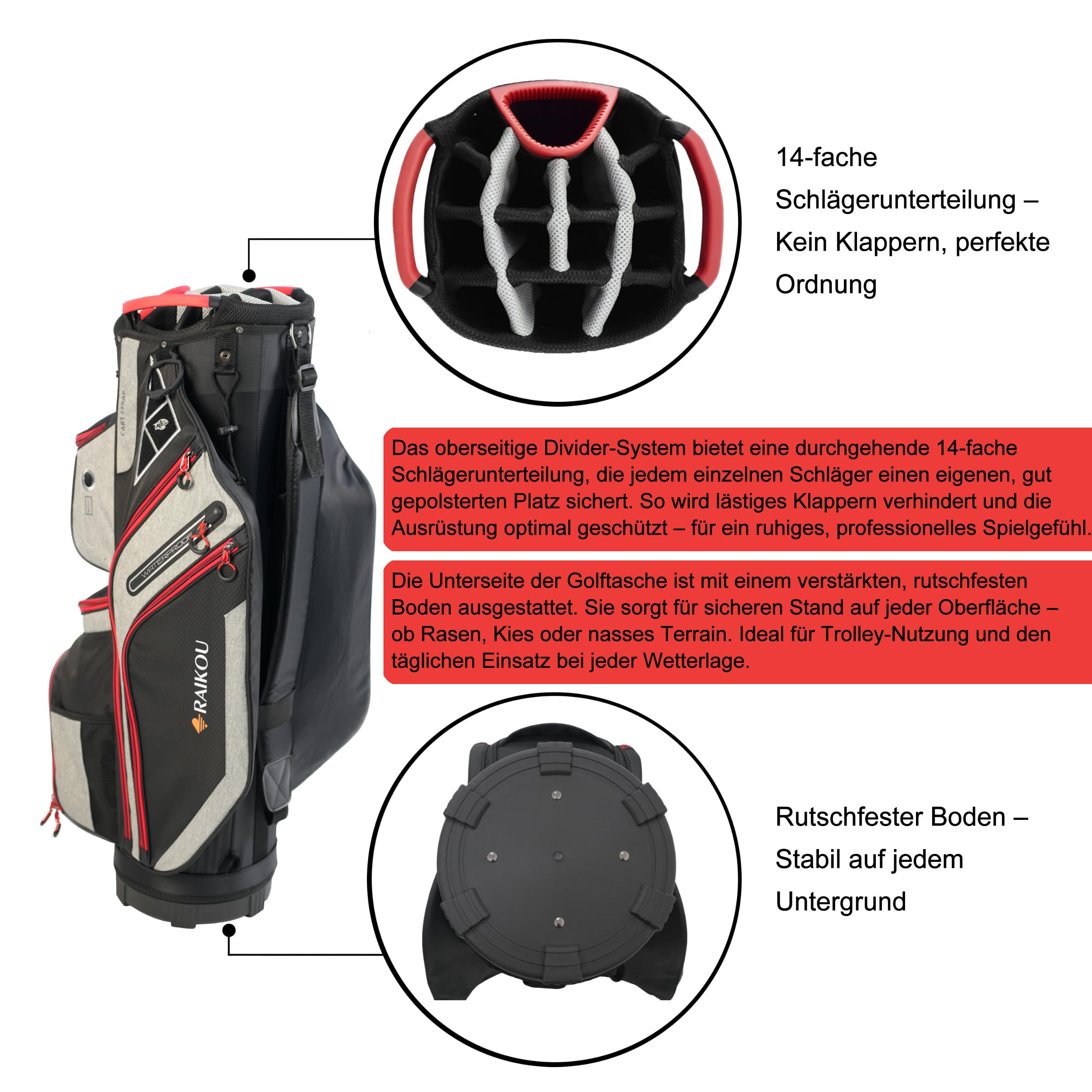 RAIKOU Golf Cartbag – Premium Golftasche, wasserdicht mit 14-facher Schlägerunterteilung – Ultraleicht, Trolley-kompatibel, mit Kühl- & Wertsachenfach – Für Damen & Herren