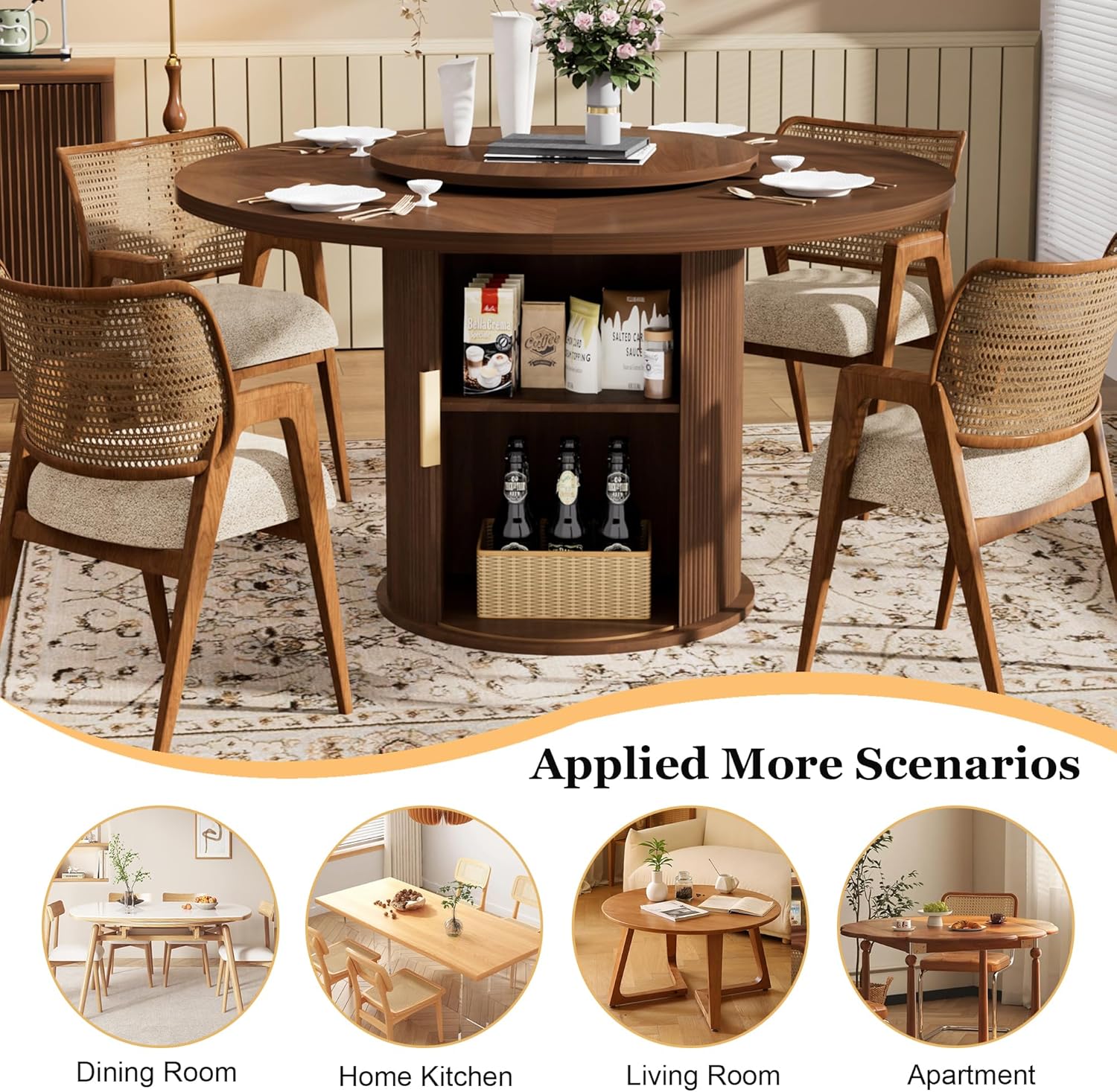 55'' Round Dining Table for 4-6, Modern Kitchen Table with Rotating Tray and 2-Layer Storage Shelf, Wood Slide Door Dining Room Table for Home Living Room(Walnut)