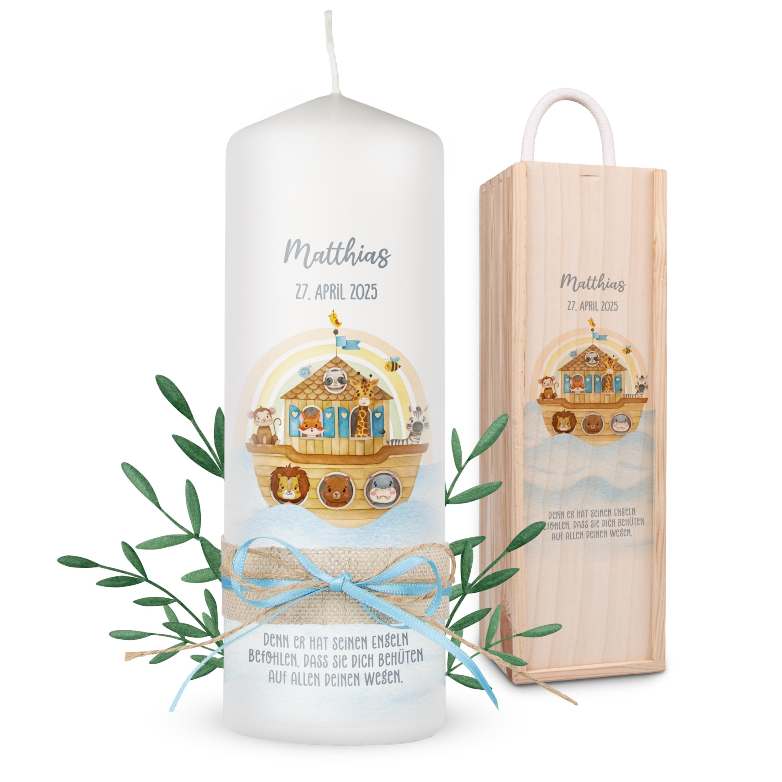 Lilletå ® Kommunionkerze Personalisiert Arche Noah H:25cm/⌀:8cm - Kerze für Junge/Mädchen - Selbst Gestalten
