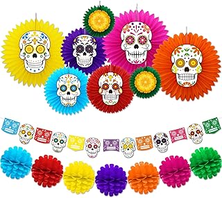 Day of the Dead Decorations Kit Día de los Muertos Papel Picado Garland Sugar Skull Marigold Flowers Cutouts Paper Fans Backdrop Paper Honeycomb Balls for Mexican Birthday Party Halloween Decorations
